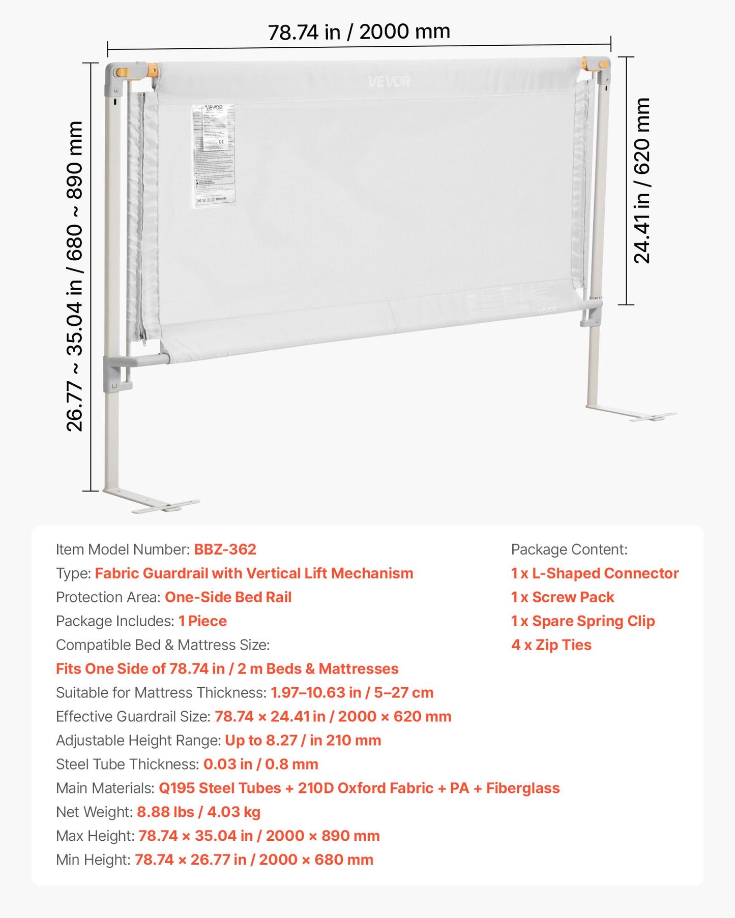 Toddler Bed Rail, Kids Beds Guard Rail with Reinforced Iron Pipe and Oxford Cloth, Adjustable Height Bed Side Railing, Portable Guard Bumper Barrier for Crib, Bunk, 2000 x 890 mm, 1 Piece
