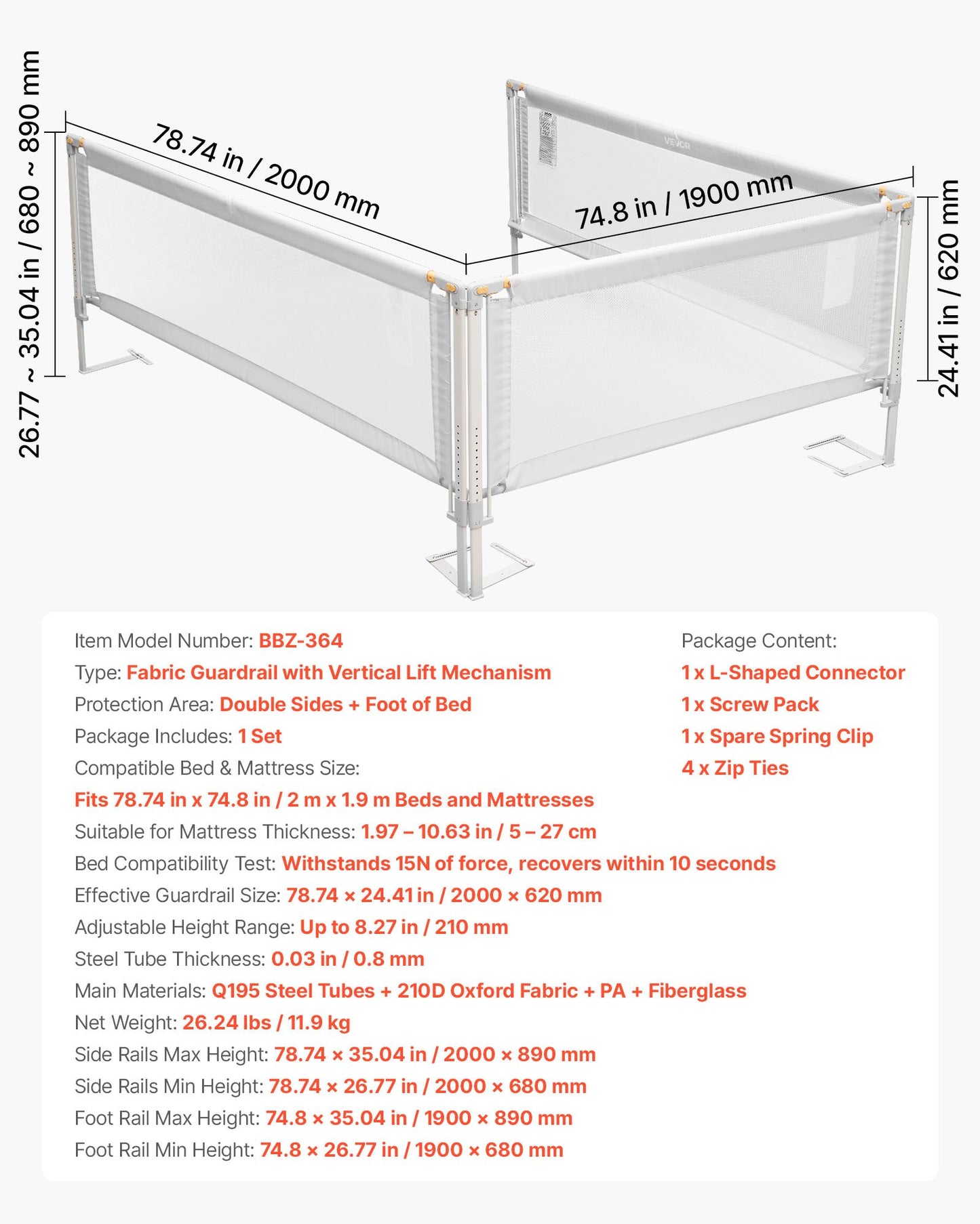 3 Piece Toddler Bed Rail, Kids Beds Guard Rail with Reinforced Iron Pipe and Oxford Cloth, Adjustable Height Bed Side Railing, Portable Guard Bumper Barrier for King Size, 3 Sides, Grey