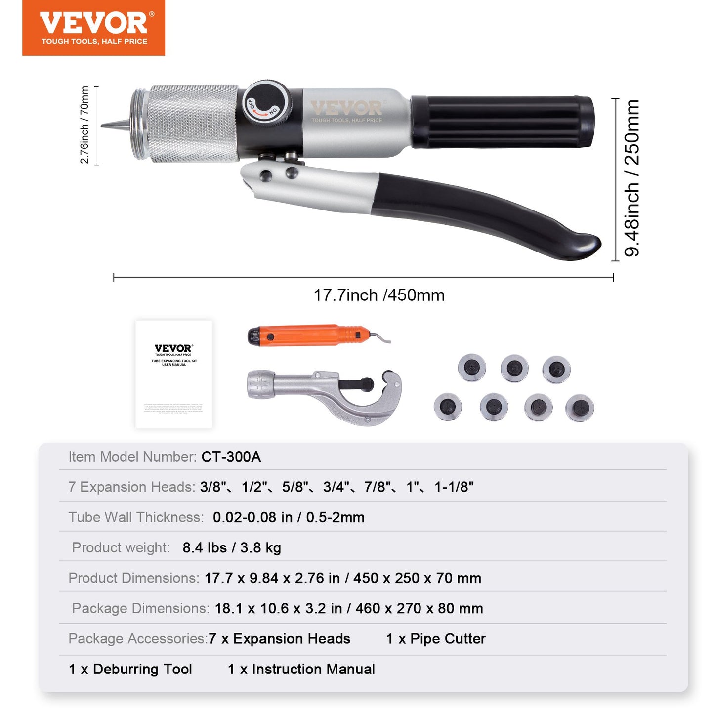 Hydraulisk rörexpander, 3/8" till 1-1/8" ytterdiameter, HAVC hydrauliskt pressverktyg med 7 rörexpanderhuvuden, avgradningsverktyg, rörskärare för koppar, aluminium, mässing, mjuka stålrör