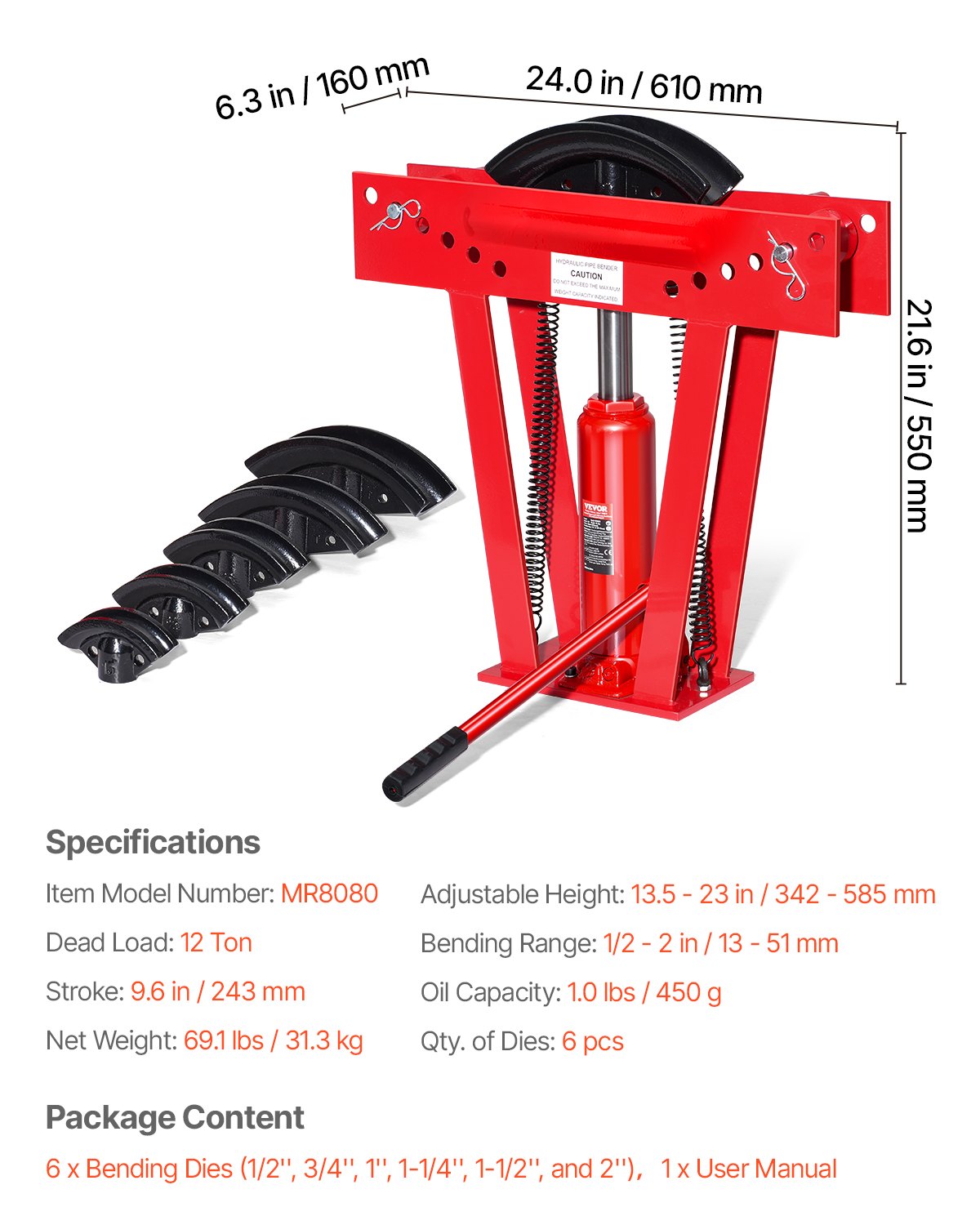 Hydraulisk rörbockare, 12 tons manuell kopparrörsbockningsmaskin med 6 matriser (1/2" - 2") och 90 - 180° justerbara rullar, kraftig rörbockare för rörlednings- och räckeskonstruktion