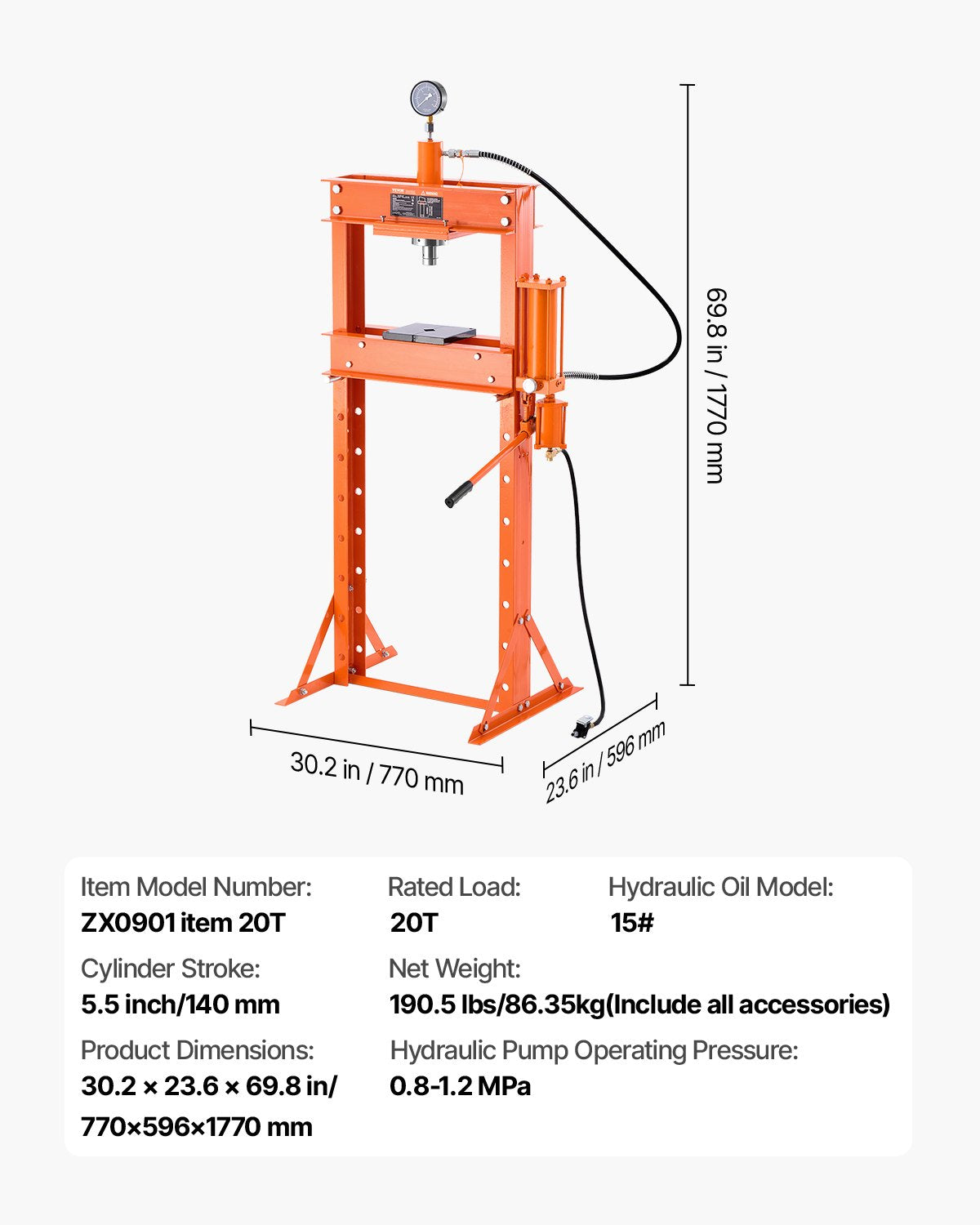 Hydraulisk verkstadspress, 20 T H-ram pneumatisk verkstadspress med pressplatta, stabil garagegolvsjusterbar hydraulpress med triangulärt stöd, lämplig för bockning, riktning och stansning