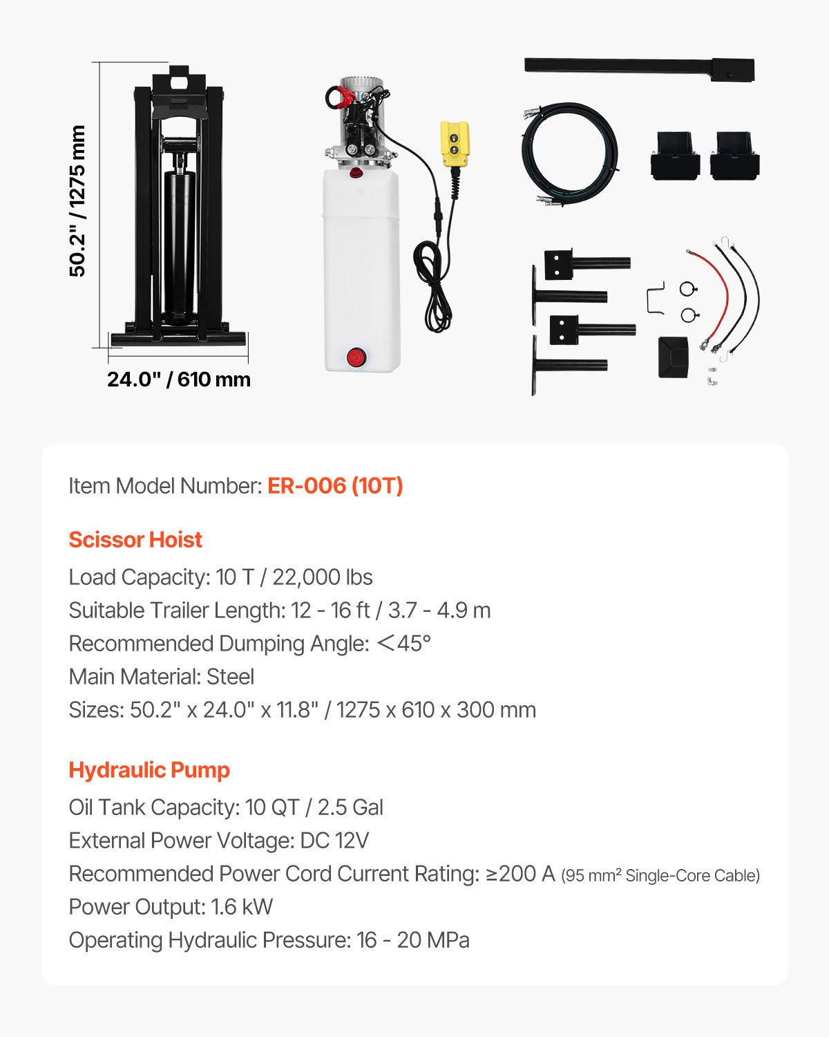 Hydraulisk tipplyftsats, 22 000 lb/10 T tippvagn Hydraulisk saxlyftsats Standardsats, hydraulisk tippflaksats med 12V hydraulpumpenhet Lämplig för saxlyftvagnar och lastbilar