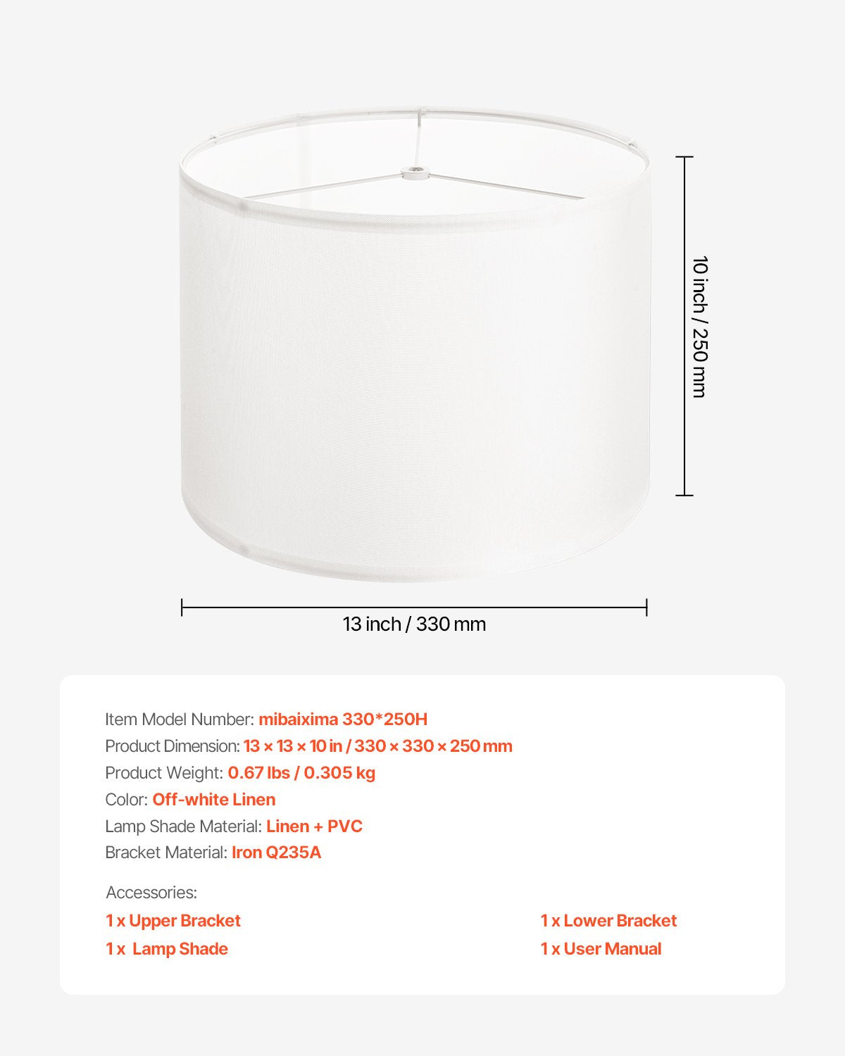 Trumlampskärm, 33 cm topp x 33 cm botten x 25 cm hög, mellanstor trumlampskärm i linne, reservskärm för bordslampor, golvlampor och pendellampor, enkel montering krävs (off-white linne)