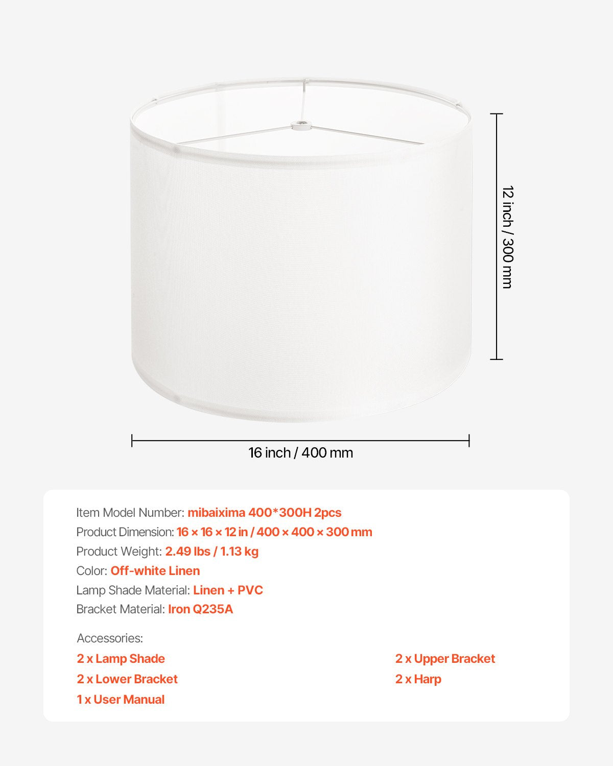 Lampskärmar i form av trumma, 2-pack, 40 cm överst x 40 cm underst x 30 cm hög, stor lampskärm med harpa, reservlampskärm för bordslampor, golvlampor och pendellampor, enkel montering krävs (off-white)