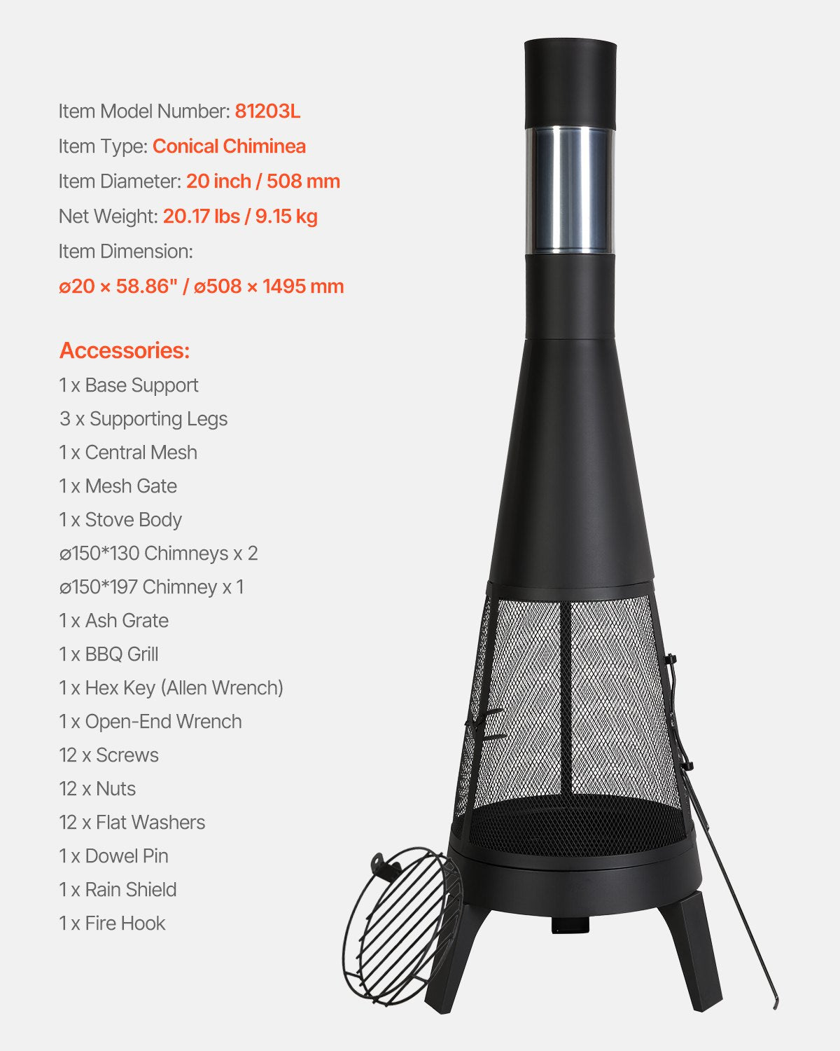 Chiminea, 20 tums vedeldad eldstad för utomhusbruk, konisk öppen spis för grillning och uppvärmning, eldstad i trä med grillnät, skorstensbeläggning och rostfritt skorstenslock, för uteplats, trädgård, bakgård