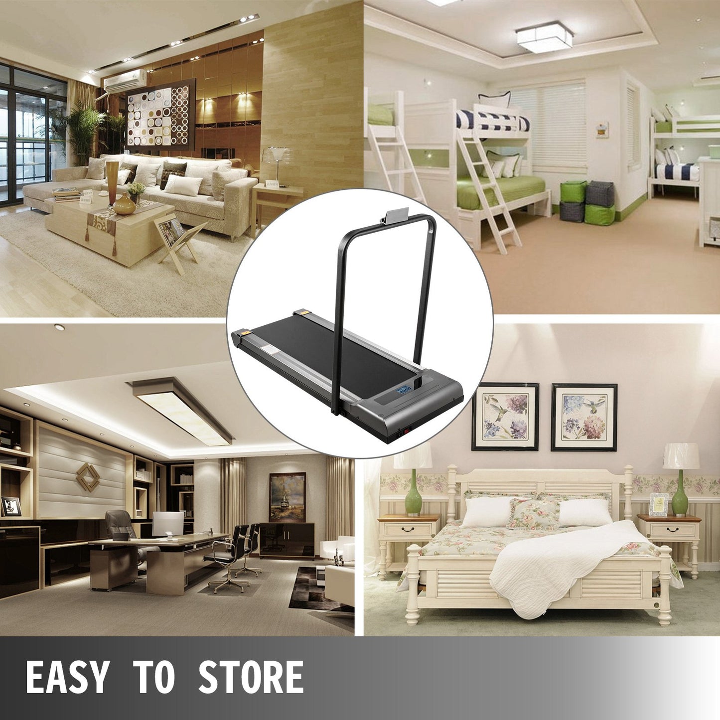 Löpband för under skrivbord, löpband för löpning, LED-löpband för hemmabruk med fjärrkontroll, bärbart smalt löpband för inomhusträning med hastighet 1–6,0 km/h (silver, med ledstång)