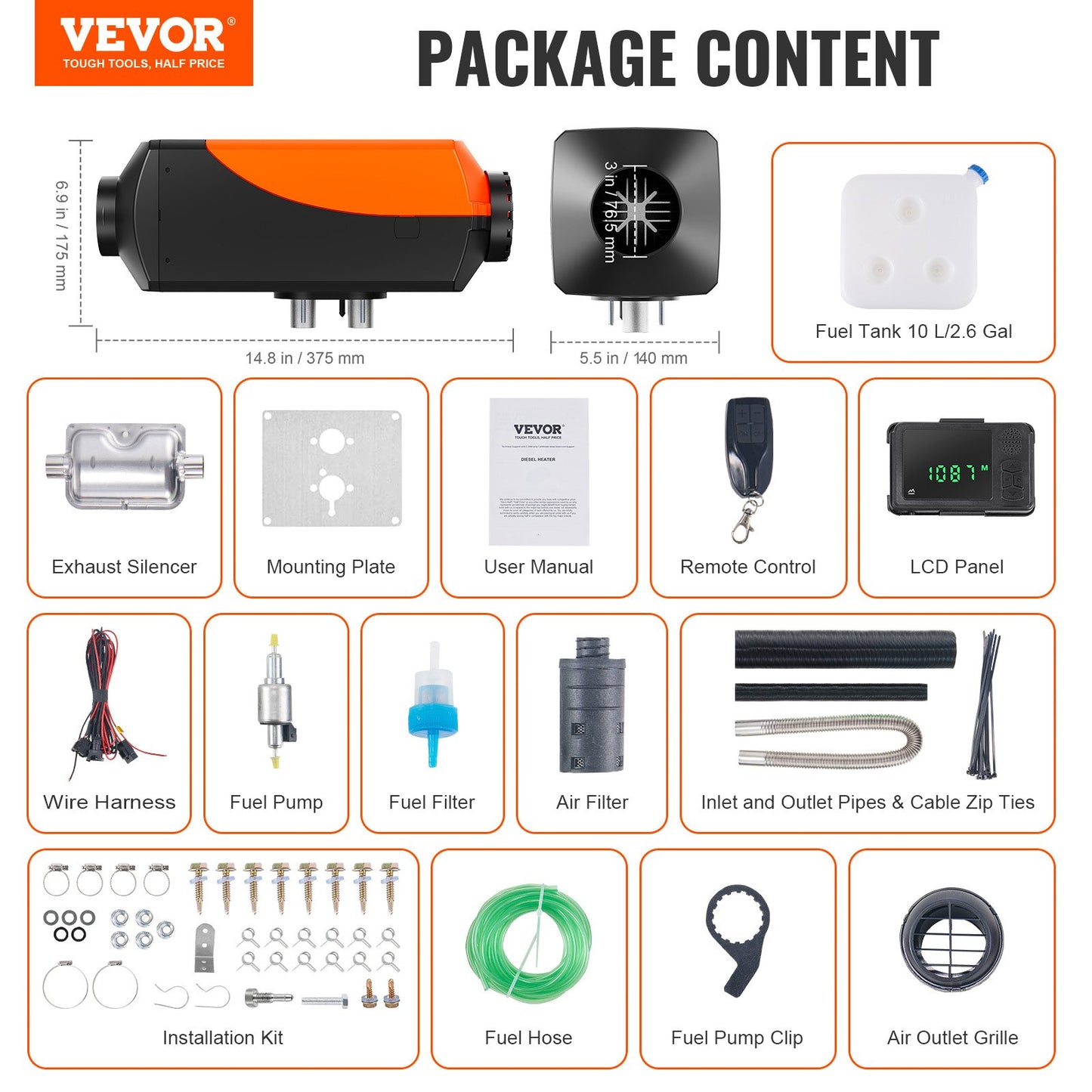 Luftdieselvärmare Parkeringsvärmare 12 V 5 kW, Luftvärmare Luft Diesel Diesel Parkeringsvärmare Luftvärmare, 0,16–0,52 L/timme Dieselvärmare med LCD-skärm och fjärrkontroll och Bluetooth-app