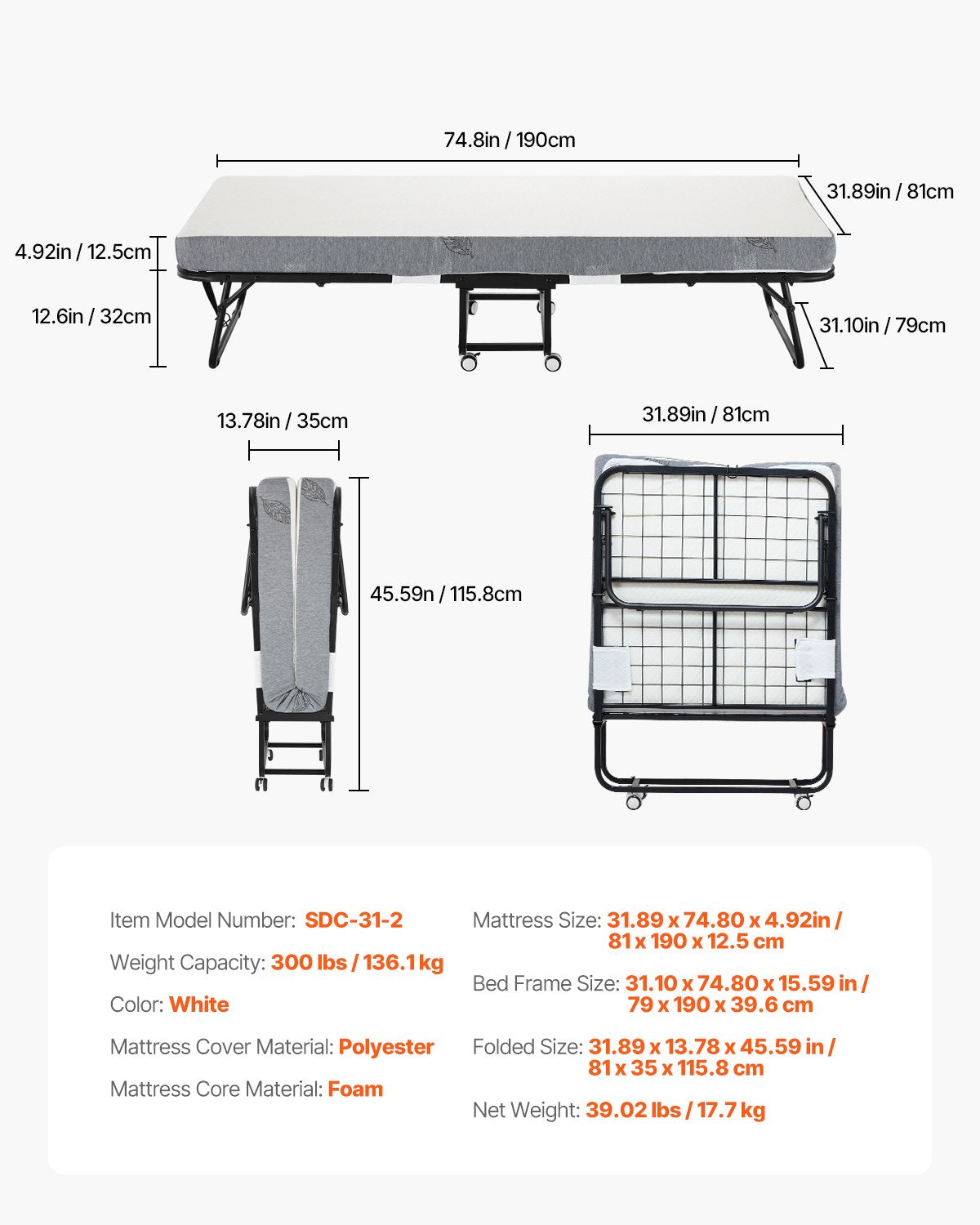 Hopfällbar säng, hopfällbar säng (89 x 193 cm) med 13 cm madrass, hopfällbar säng i storlek Twin med robust metallram och memory foam-madrass, bärbar hopfällbar säng med madrass, för vuxna, gäst