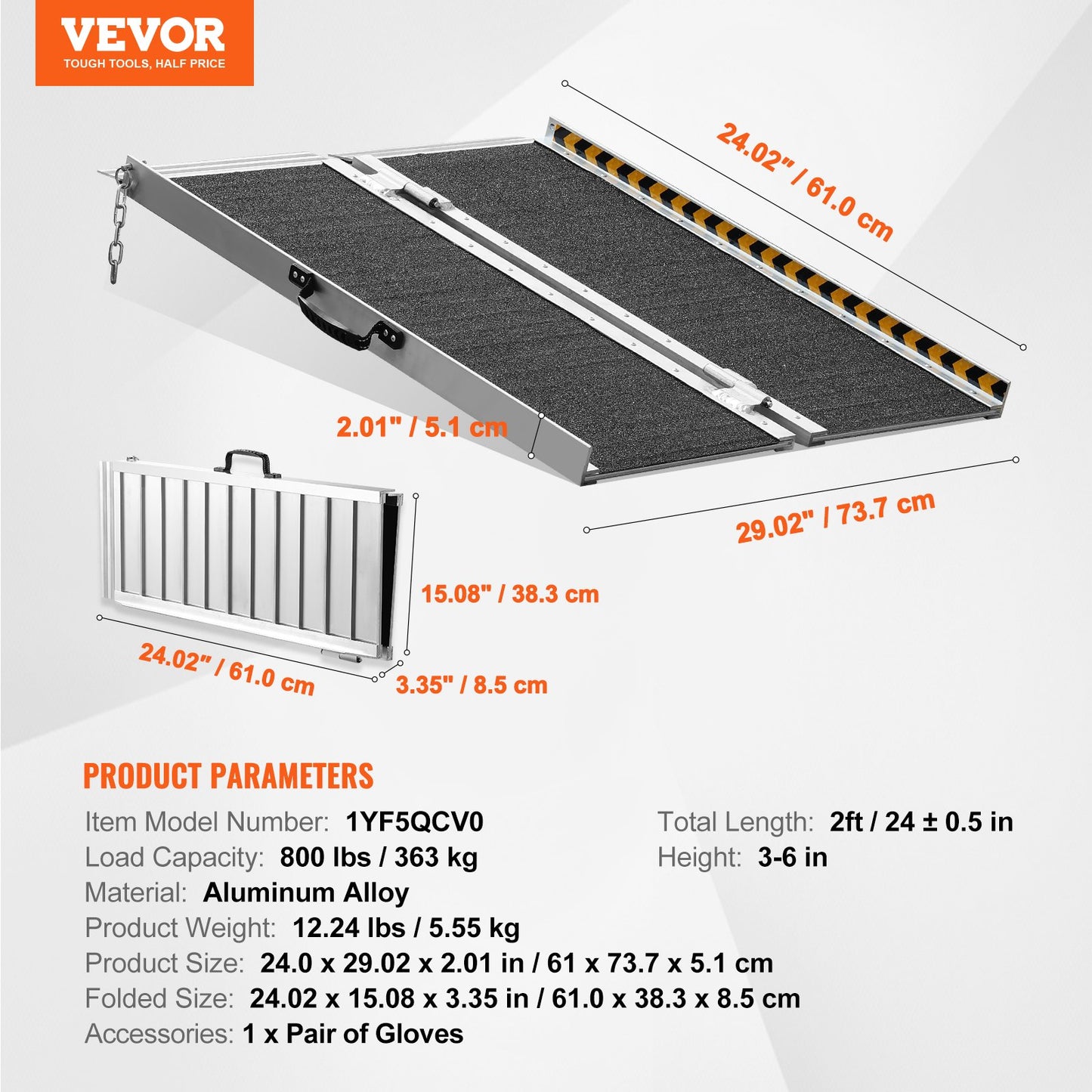 Portable Wheelchair Ramp, 61 cm 362.9 kg Capacity, Non-Slip Aluminum Folding Threshold Ramp, Foldable Mobility Scooter Ramp Wheel Chair Ramp, Handicap Ramp for Home Steps, Stairs, Doorways, Curbs