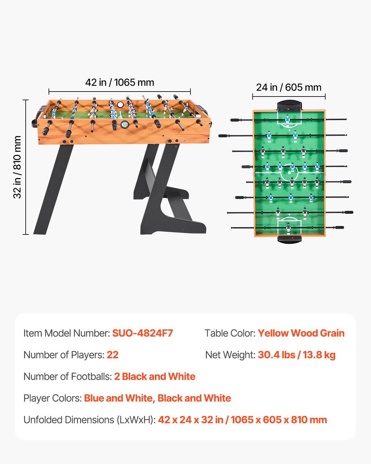 Hopfällbart fotbollsbord, 106 cm standardstorlek, inomhusfotbollsbord i full storlek för hemmet, familjen och spelrummet, hållbart fotbollsset, inkluderar 2 bollar