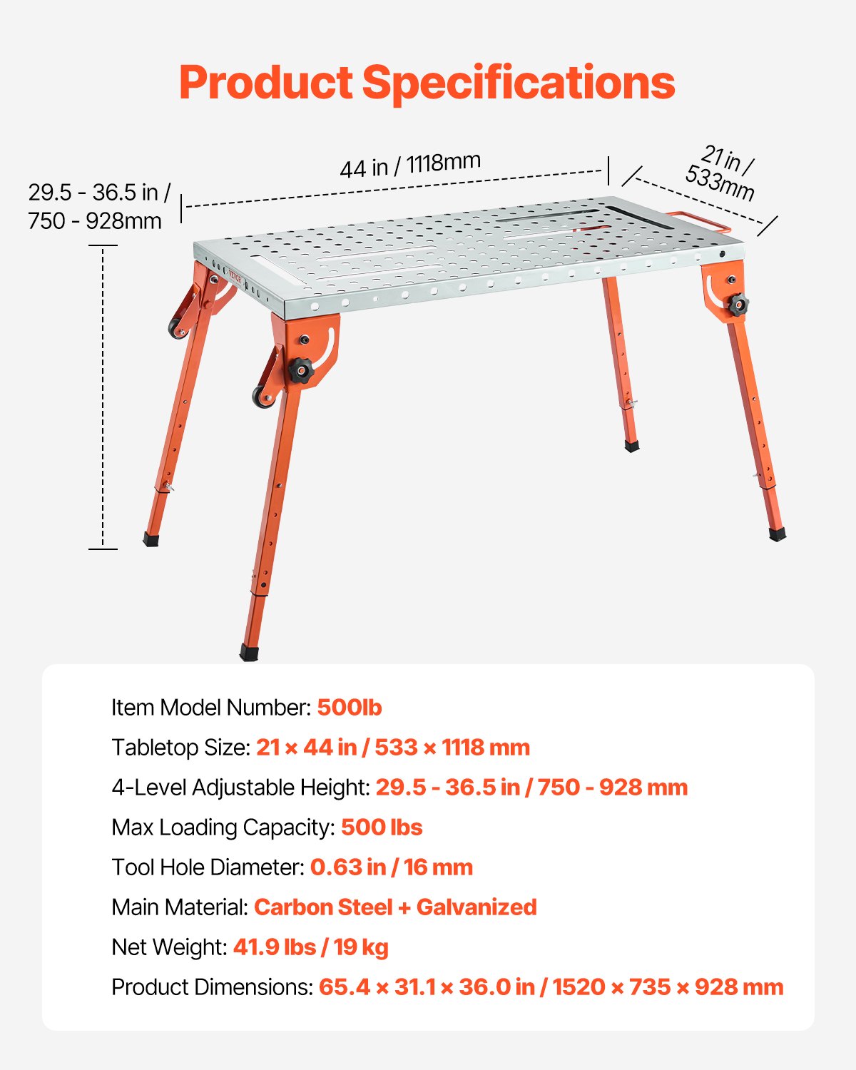 Hopfällbart svetsbord 102 cm x 51 cm, svetsarbetsbänk med kapacitet på 225 kg och justerbar höjd i 4 nivåer, arbetsbänk i kolstål med 6 verktygsspår och 0,63 cm fixturhål för reparation av svetsaggregat