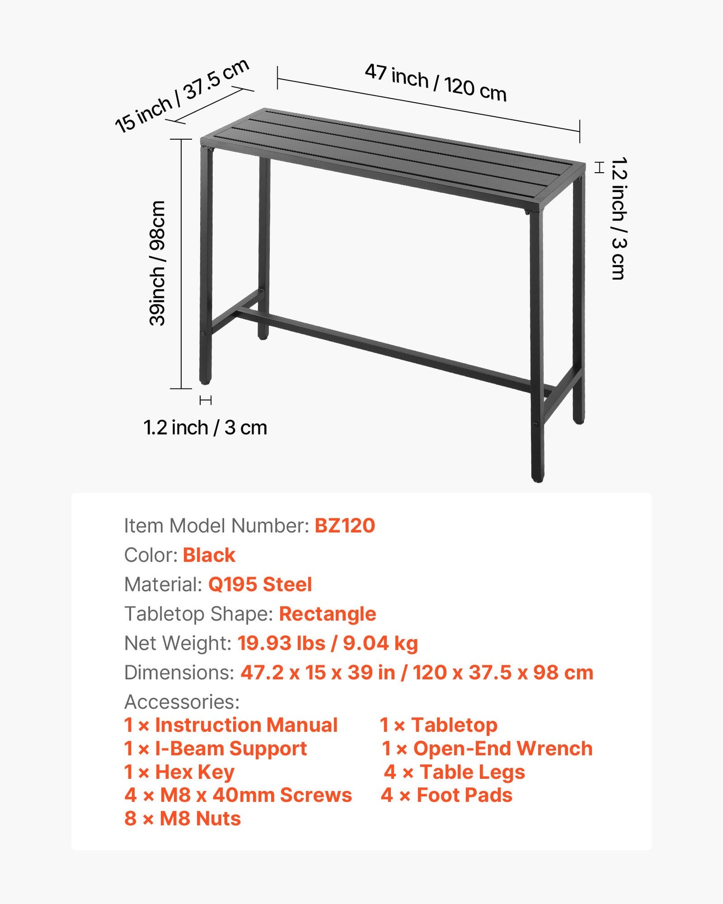 Barbord för utomhusbruk, 120 x 37,5 cm barbord för uteplats, vattentät bordsskiva och robust metallram, matbord i rektangulärt utförande, utemöbler för balkong, trädgård, bubbelpool, pool, inomhusbruk