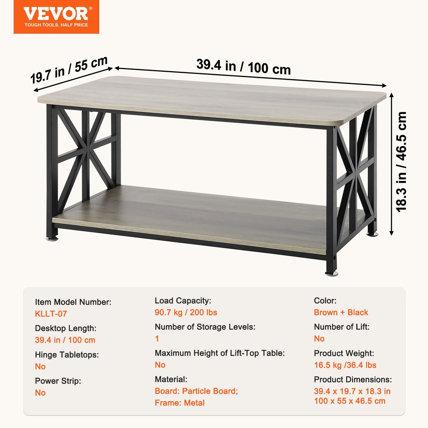 40" soffbord i lantlig stil, rektangulärt soffbord med öppet förvaringsfack, rustikt cocktailbord i trä för vardagsrum, sovrum, lägenhet, studio, brunt och svart