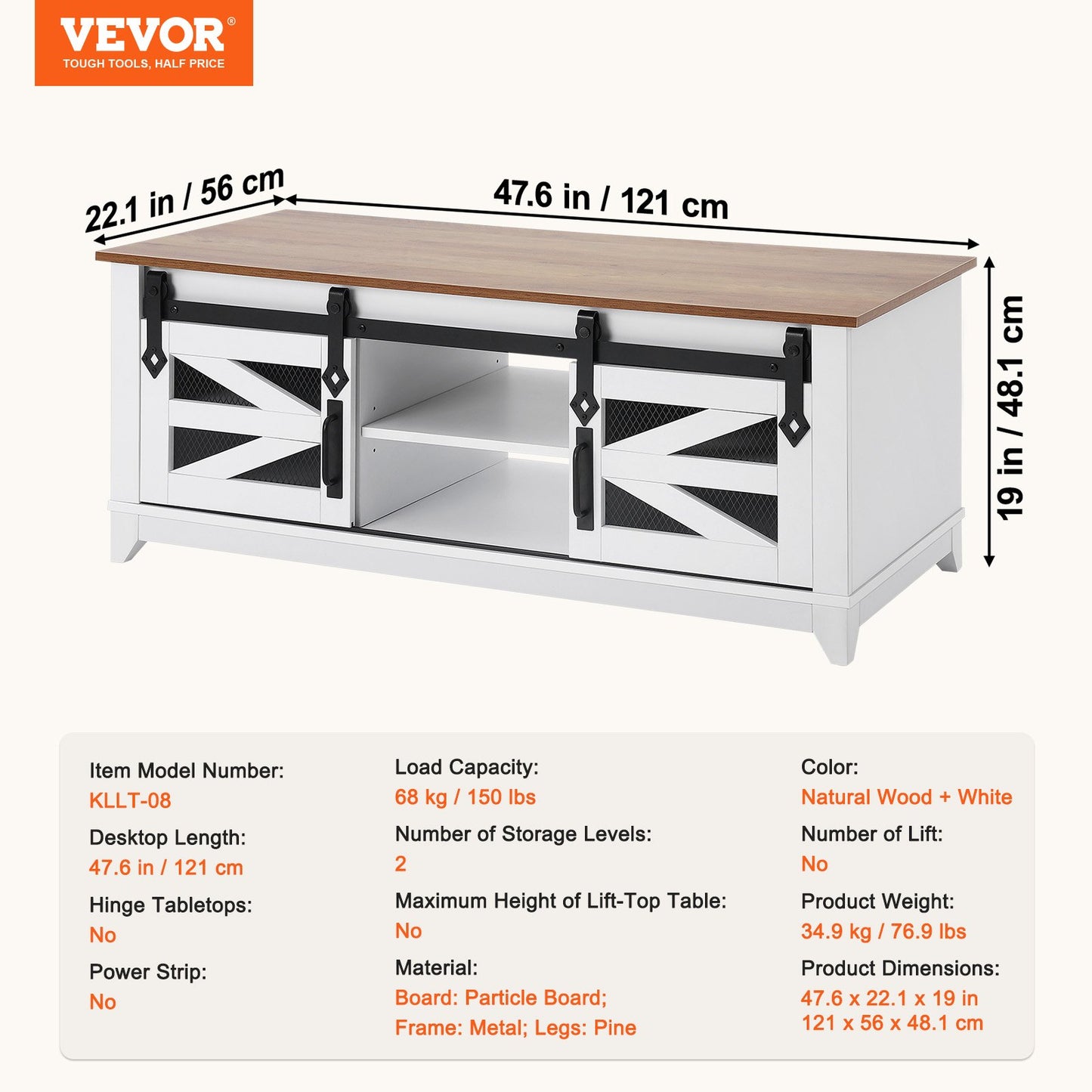 112 cm soffbord i lantlig stil, rektangulärt soffbord med 2 skjutbara ladugårdsdörrar, rustikt träbord i 2 nivåer med avtagbara hyllor för vardagsrum, sovrum, lägenhet eller studio, vitt och naturfärgat