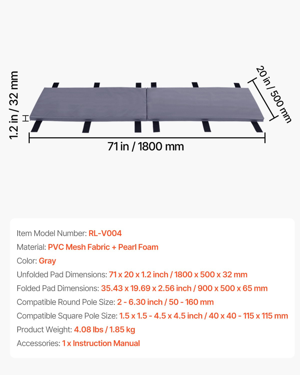 Basketball Pole Pad, 71 inch Tall and 1.2 inch Thick Heavy Duty Wrap Around Pole Padding, Fits 2-6.3 Round & 4.5x4.5 inch Square Pole, All-weather Waterproof Protective Pad for Basement Garage