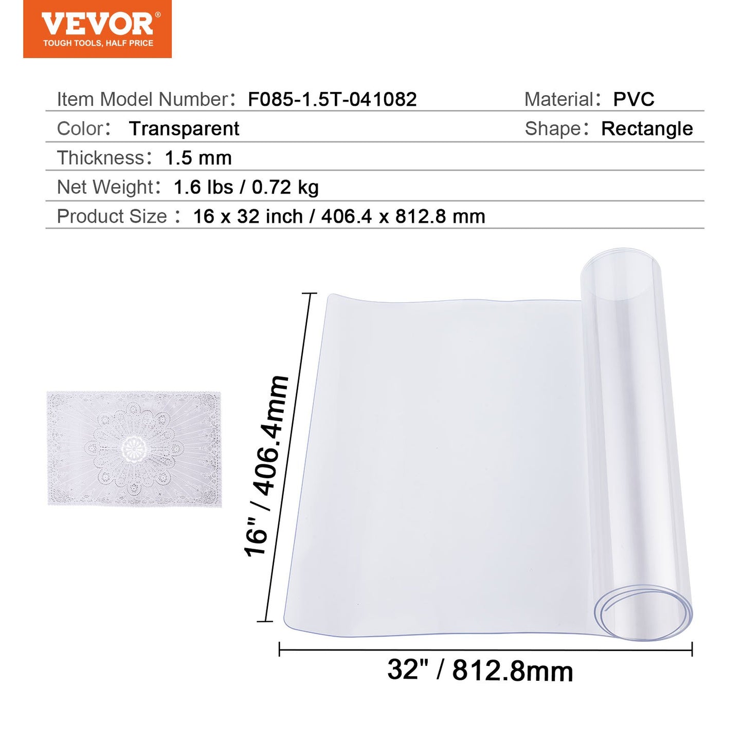 Plastbordsskydd, 16 x 32 tum 1,5 mm tjockt genomskinligt bordsskydd, rektangulär PVC-skrivbordsmatta, vattentät och lättrengörande skrivbordsunderlägg, för kontorsbyrå, matbord, nattduksbord