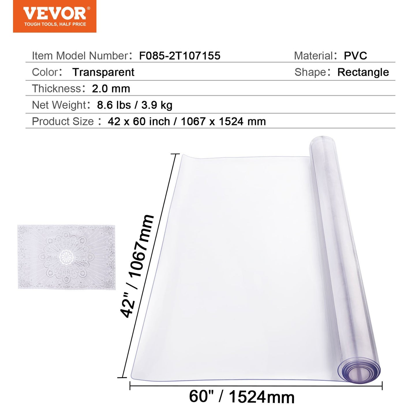 Plastbordsskydd, 42 x 60 tum 2,0 mm tjockt genomskinligt bordsskydd, rektangulär PVC-skrivbordsmatta, vattentät och lättrengörande skrivbordsunderlägg, för kontorsbyrå, matbord, nattduksbord