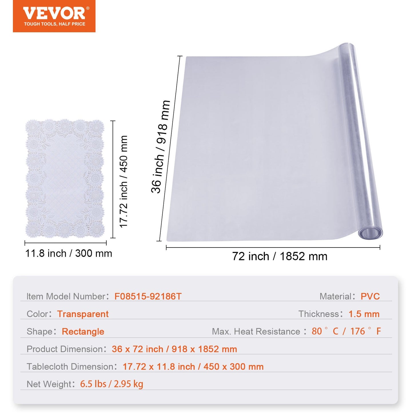 Genomskinligt bordsskydd, 91 x 183 cm bordsduk, 1,5 mm tjock PVC-plastduk, vattentätt skrivbordsskydd för skrivbord, soffbord, matbord