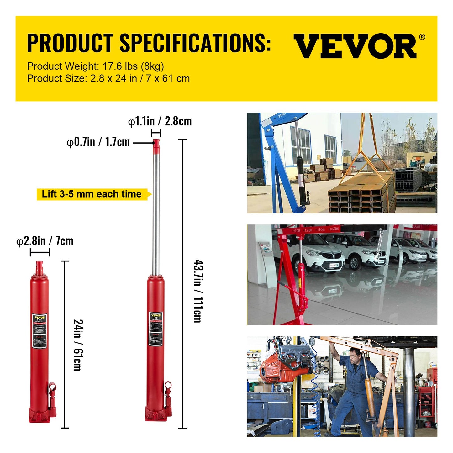 Hydraulisk domkraft med lång kolv, kapacitet 4 ton/8818 lbs, med enkelkolvspump och platt bas, manuell körsbärsplockare med handtag, för garage-/verkstadskranar, motorlyft, röd