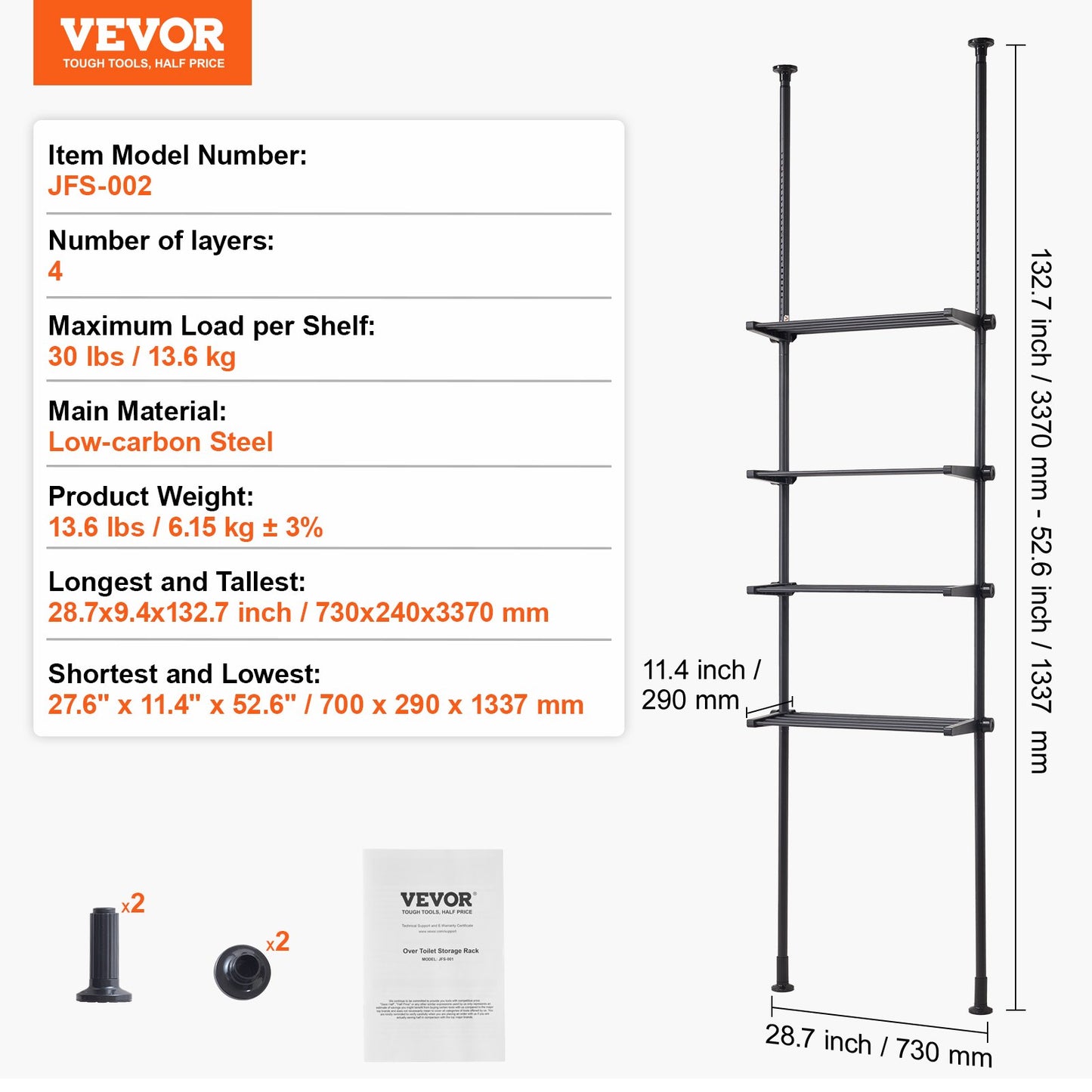 Over the Toilet Storage, 4-Tier Adjustable Over Toilet Bathroom Organizer, Low-carbon Steel 53"-132" Tall Storage Shelf Rack, Easy Assembly Laundry Space Saver, for Small Rooms, Fit Most Toilets