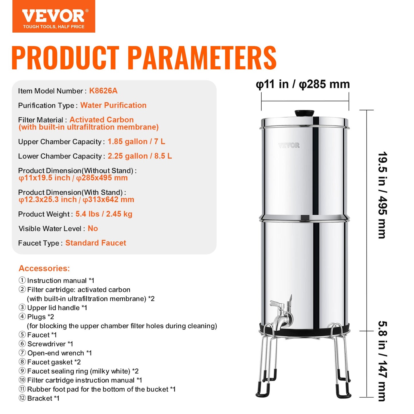 Gravity-fed Water Filter System, 2.25G 304 Stainless-Steel Countertop Water Filtration System, Reduces Lead and up to 99% of Chlorine, with 2 Carbon Filters/Spigot/Stand, for Home Camping RV