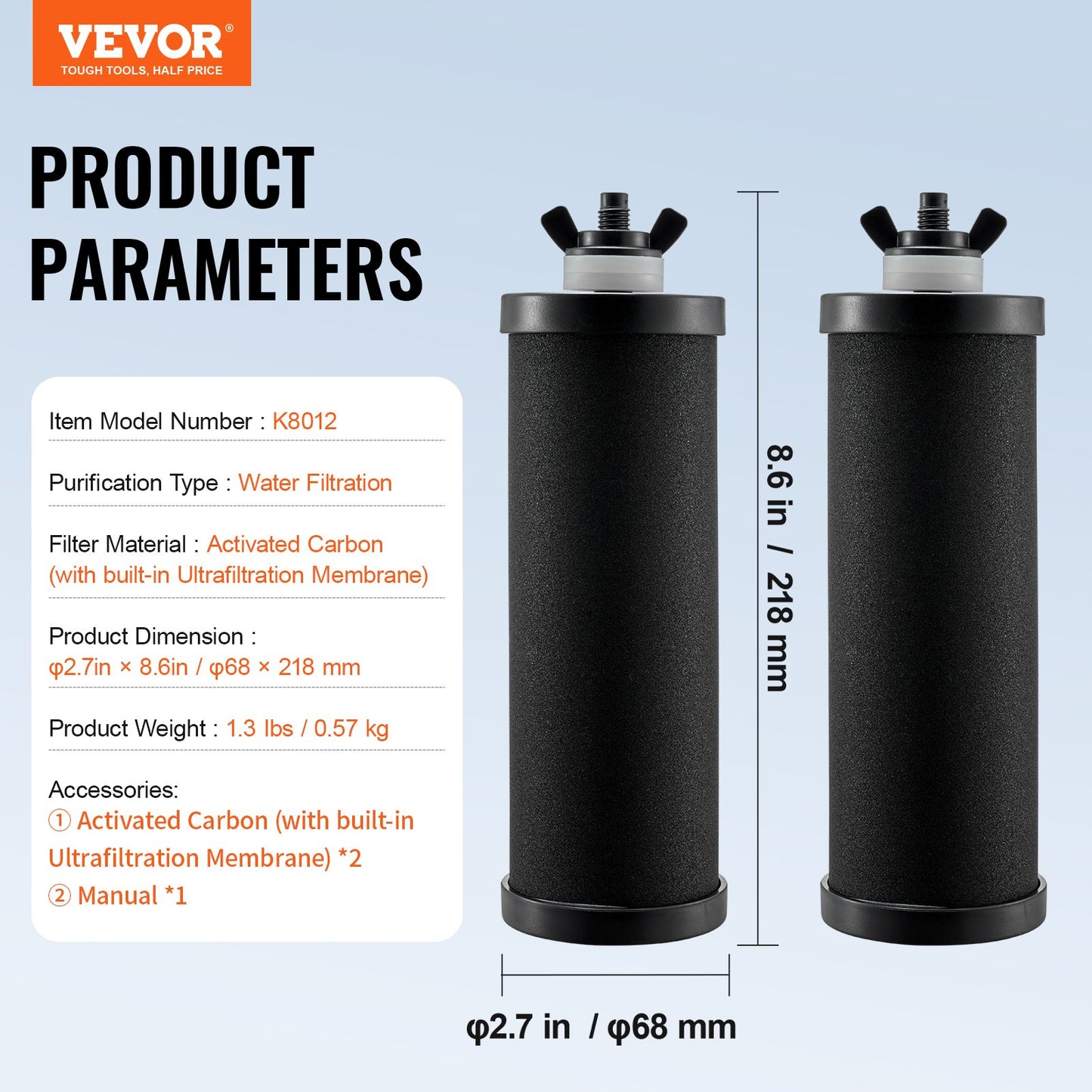 Vattenfilterutbyte, Reningselement, Ersättningsfilter med aktivt kol, Lättbytbart vattenfilter, Vattenfiltersystem med gravitation, Kompatibelt med de flesta märken, 2-pack, Svart
