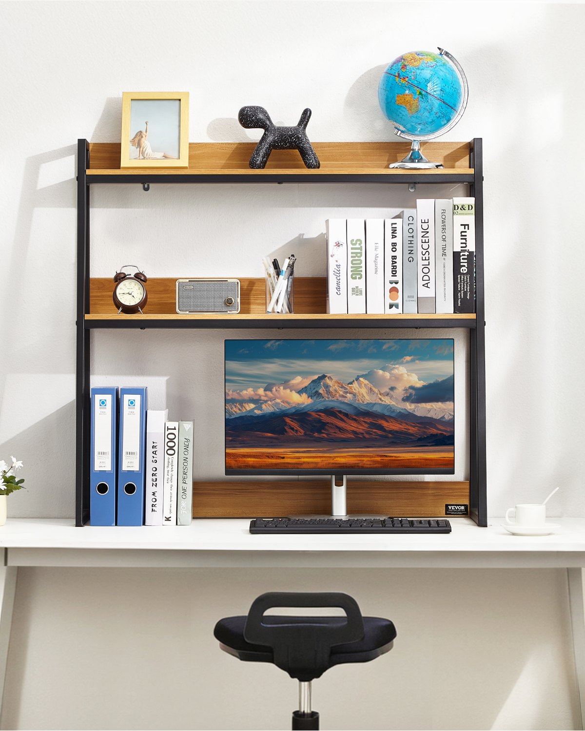 Skrivbordsbokhylla, förvaringsorganisatör med två nivåer, 94 x 30 x 89 cm för kontor, träfärgad displayhylla, bokhylla med halkfria fötter, för kontor, hem och studentrum