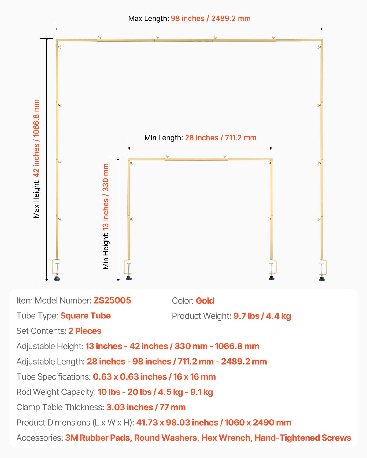 Stativ för bordsstänger med klämmor, 33-102 cm högt och 74-91 cm längdjusterbart, 2-pack bordsbågsstativ, bordsram med ballongbåge för bröllop, födelsedagsfest, juldekorationer, guld