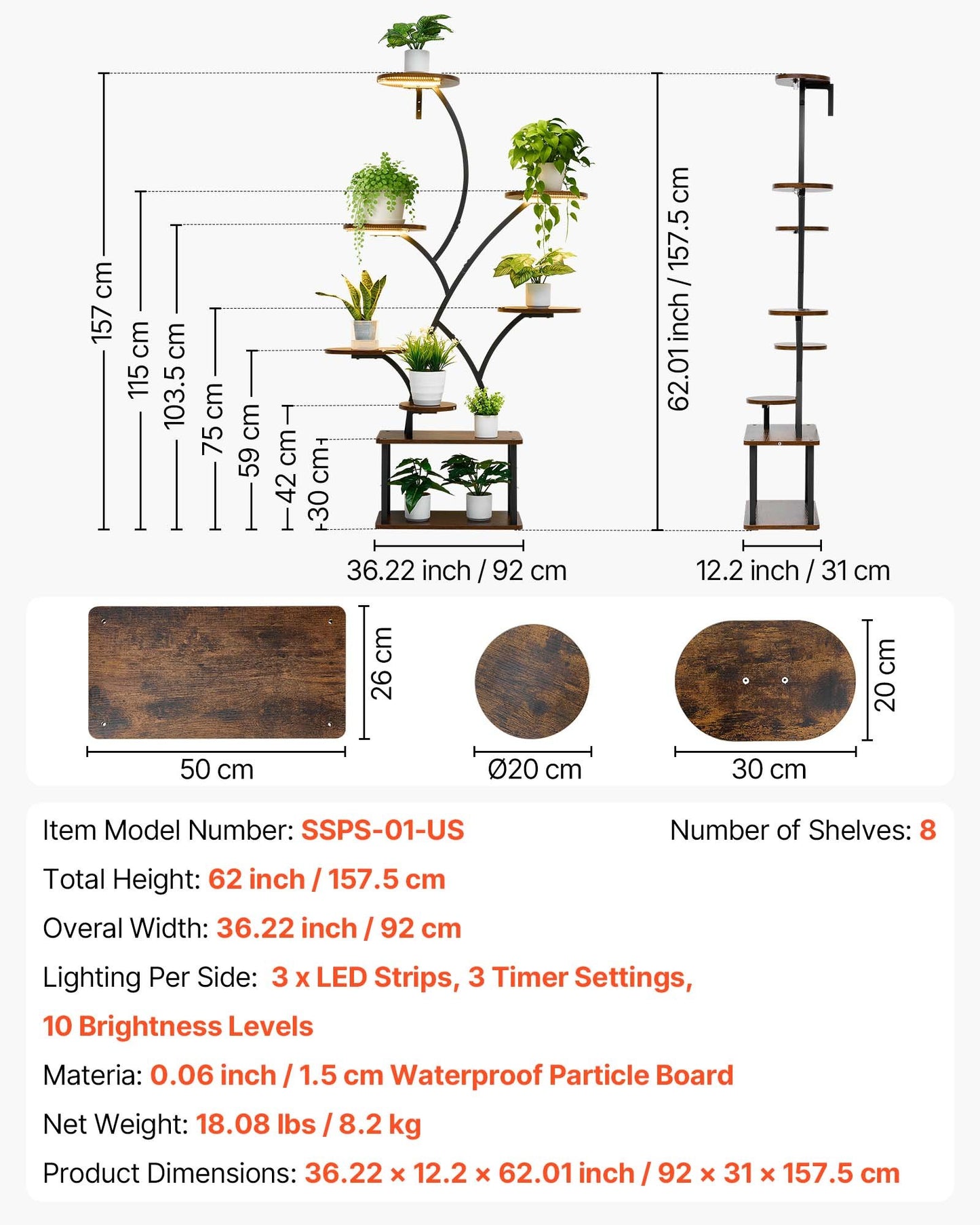 Växtställ för inomhusbruk med odlingslampor, 157,5 cm högt 8-våningars upplyst växthylla, metallhörnhållare för växter, 3 timer och 10 ljusstyrkor, trädformat blomställ för vardagsrumsbalkongdekor