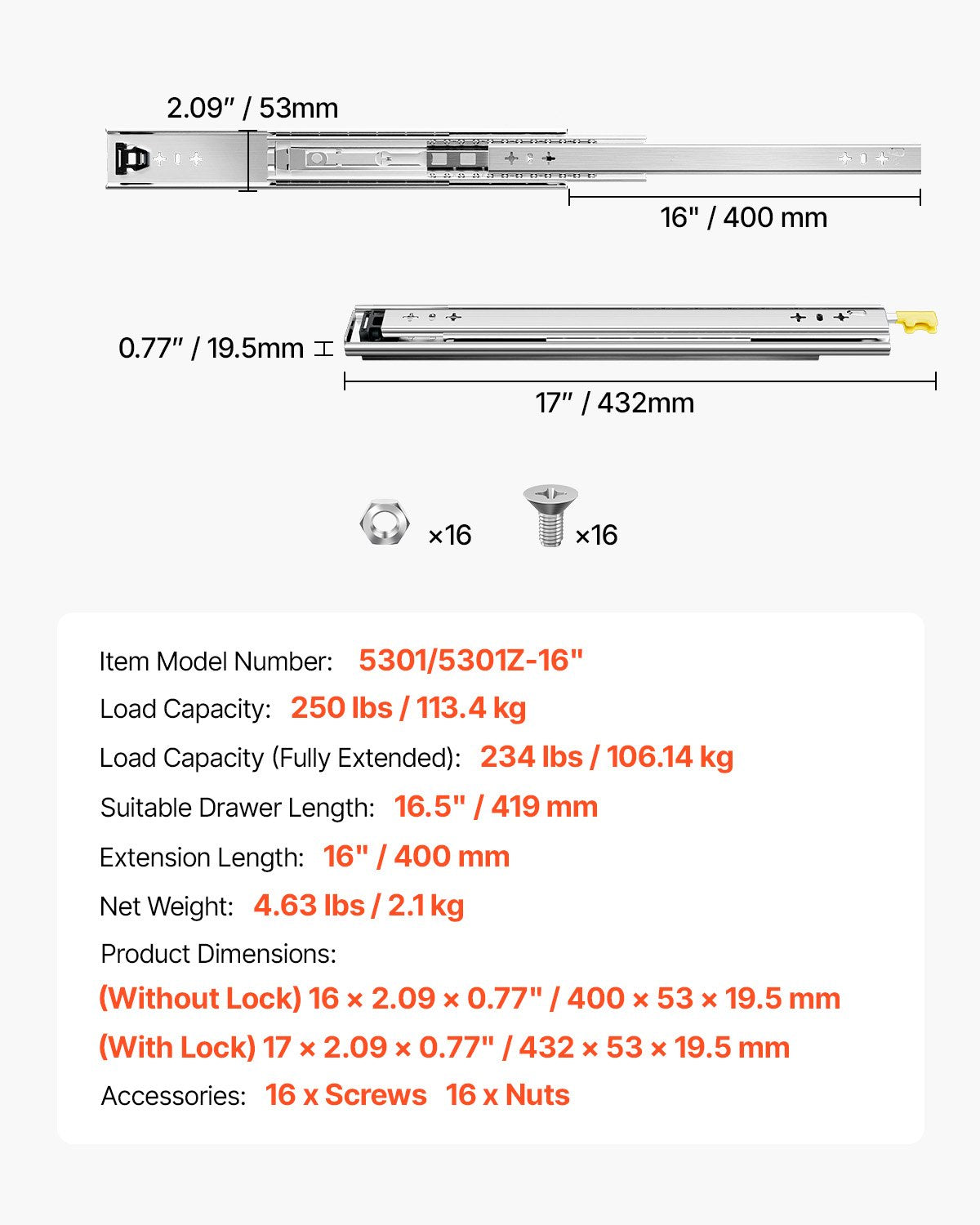 1 par lådskenor med full utdragbar låda 16 18 20 24 30 35 38 59 32 36 40 48 60 tum, 250 lbs lastkapacitet Låsbara lådskenor, kullager med låsbar sidomonterad lådskena