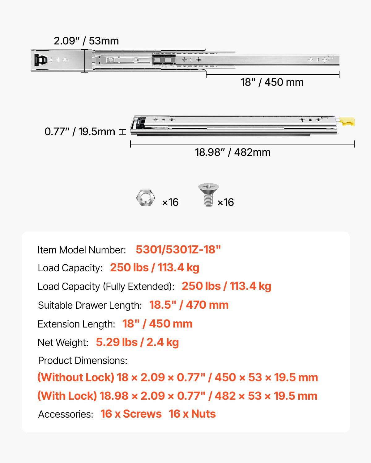 1 par lådskenor med full utdragbar låda 16 18 20 24 30 35 38 59 32 36 40 48 60 tum, 250 lbs lastkapacitet Låsbara lådskenor, kullager med låsbar sidomonterad lådskena