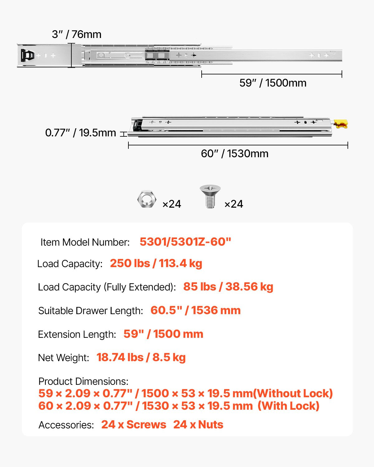 1 par lådskenor med full utdragbar låda 16 18 20 24 30 35 37,4 59 24 32 36 40 48 60 tum, 250 lbs lastkapacitet Låsbara lådskenor, kullager med låsbar sidomonterad lådskena