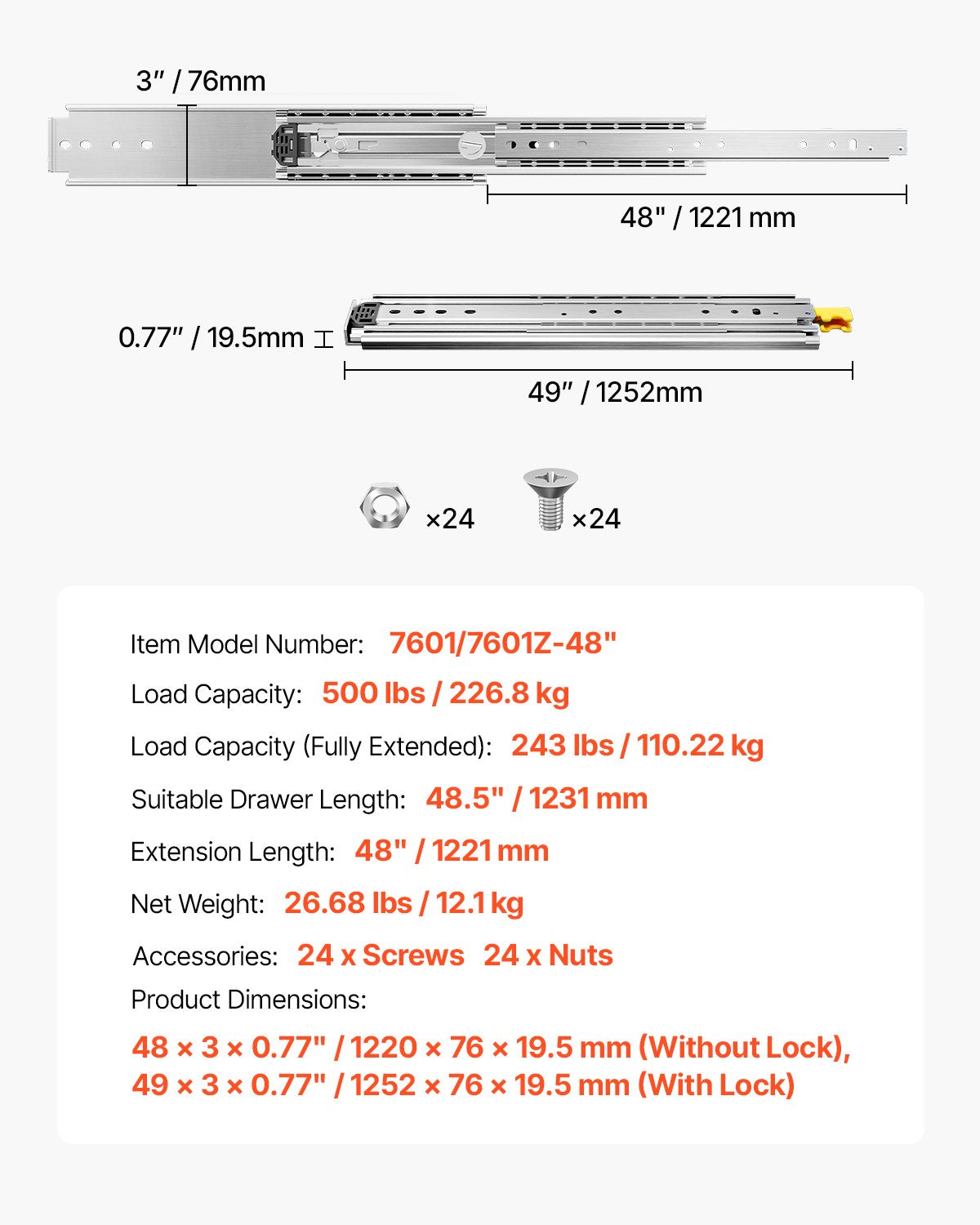 1 par lådskenor med full utdragbar låda 16 18 20 24 30 35 37,4 59 24 32 36 40 48 60 tum, 500 lbs lastkapacitet Låsbara lådskenor, kullager med låsbar sidomonterad lådskena