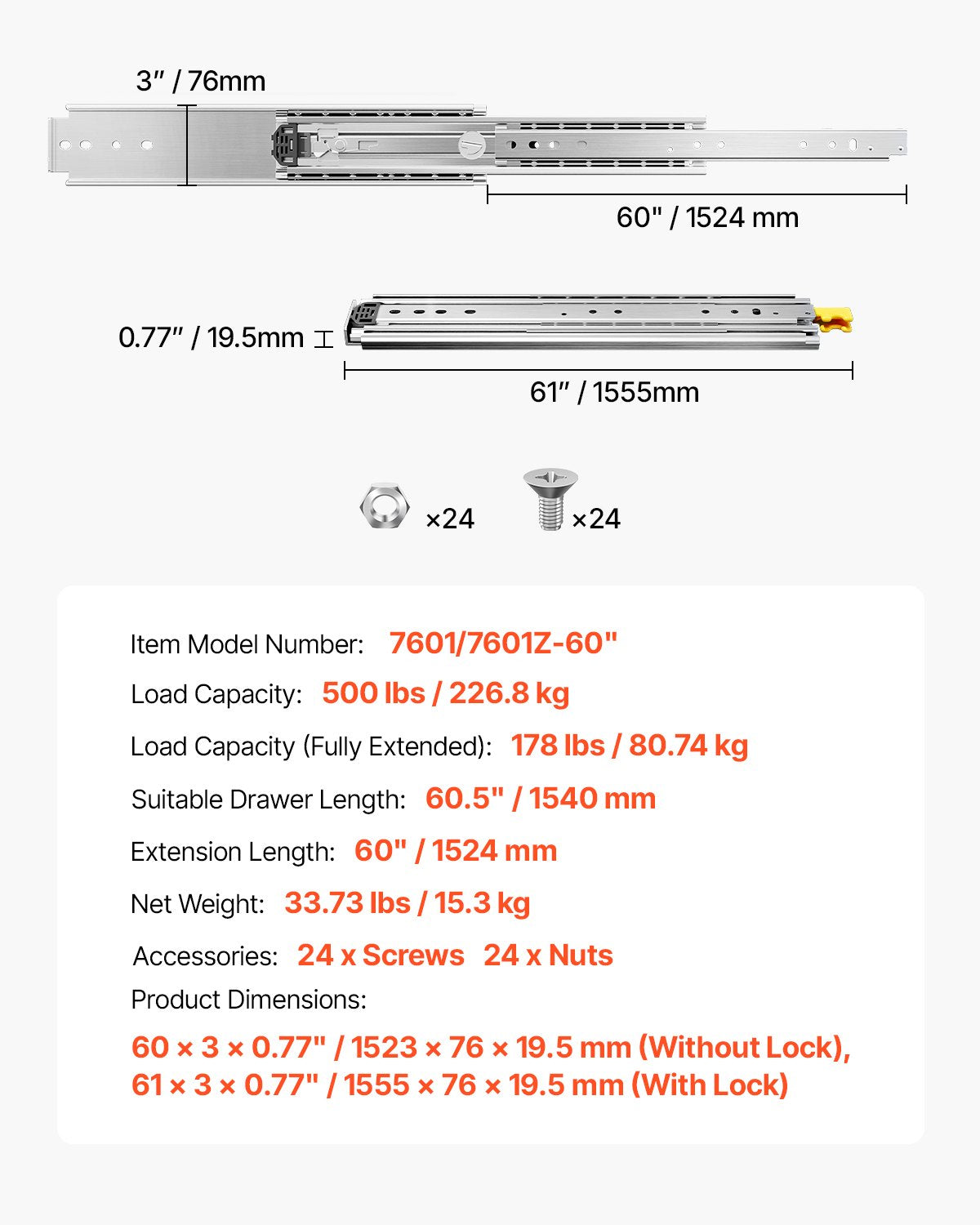 1 par lådskenor med full utdragbar låda 16 18 20 24 30 35 37,4 59 24 32 36 40 48 60 tum, 500 lbs lastkapacitet Låsbara lådskenor, kullager med låsbar sidomonterad lådskena