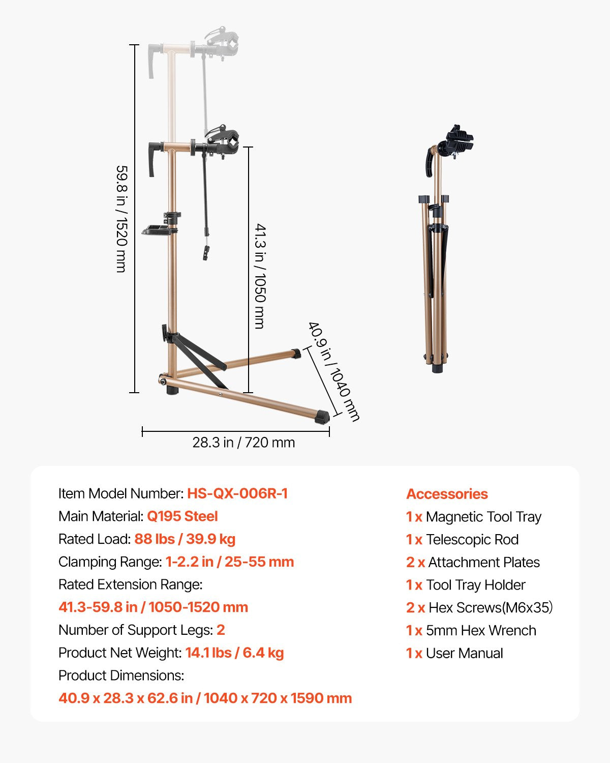Cykelreparationsställ, 36 kg kraftigt cykelarbetsställ med 114-143 cm justerbar höjd och magnetisk verktygsbricka, hopfällbart cykelunderhållsställ, Shop Home Mechanics för mountainbike och racercyklar