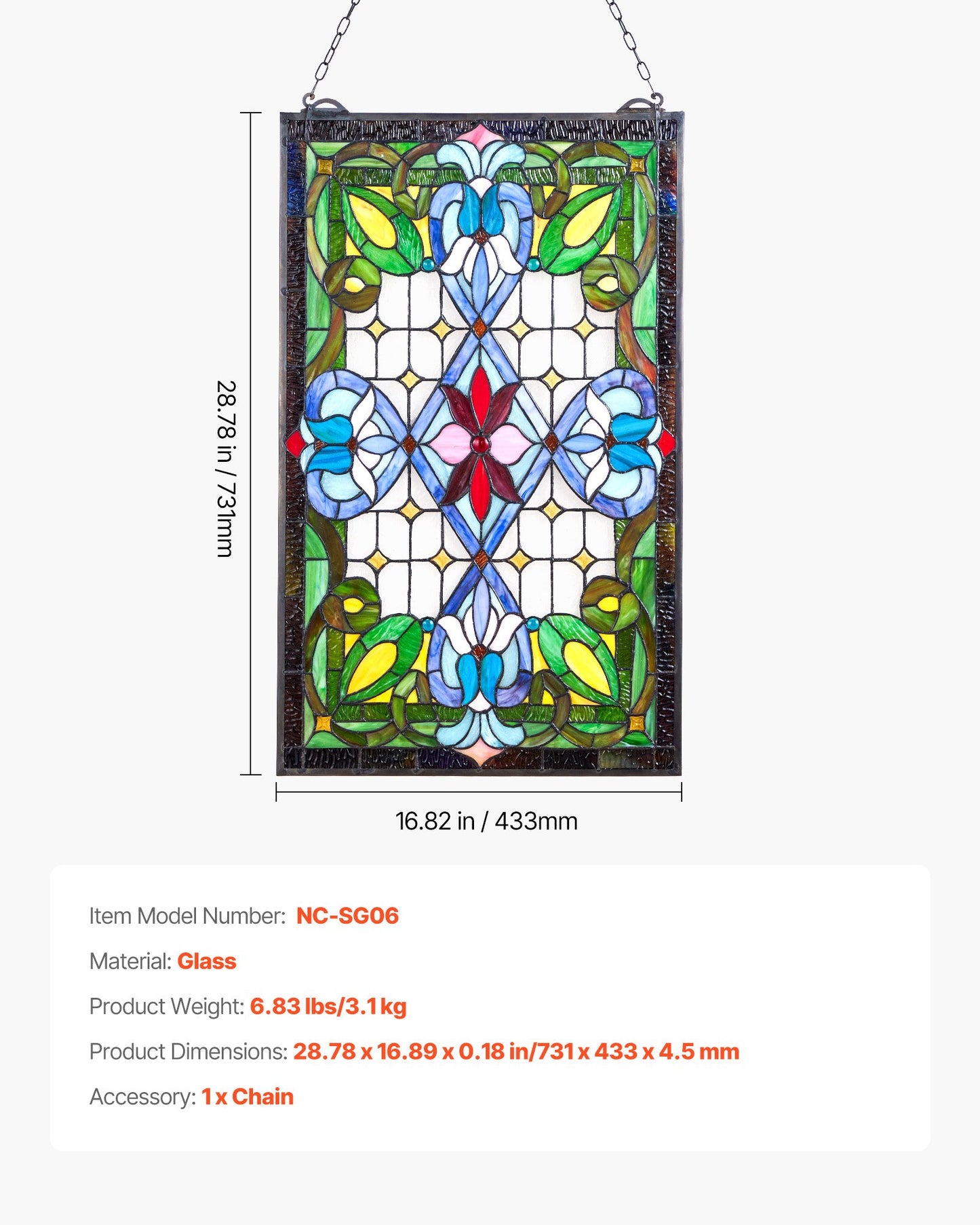 Fönsterpanel i målat glas, 433 x 731 mm, hängande överljuspanel i Tiffany-stil med kedja, stor vertikal rektangulär färgad glaspanel, traditionellt konsthantverk för köksinredning