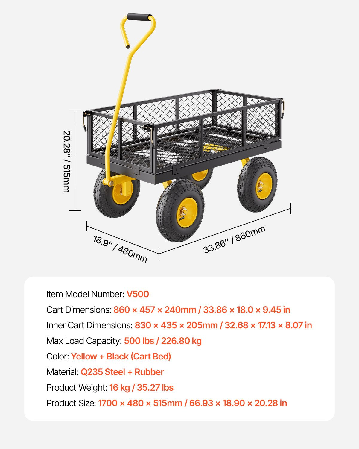 225 kg stålträdgårdsvagn, kraftig trädgårdsvagn, dragbar på hjul, metallträdgårdsvagnar med 25 cm terrängdäck, avtagbara nätsidor och 180° roterande handtag
