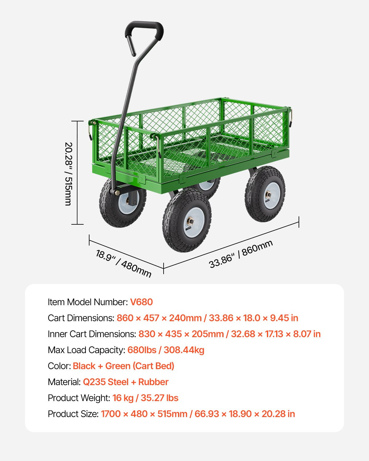 340 kg stålträdgårdsvagn på hjul, kraftig trädgårdsvagn, utdragbar, metall utomhusvagnar med 25 cm däck, avtagbara nätsidor och 180° roterande handtag