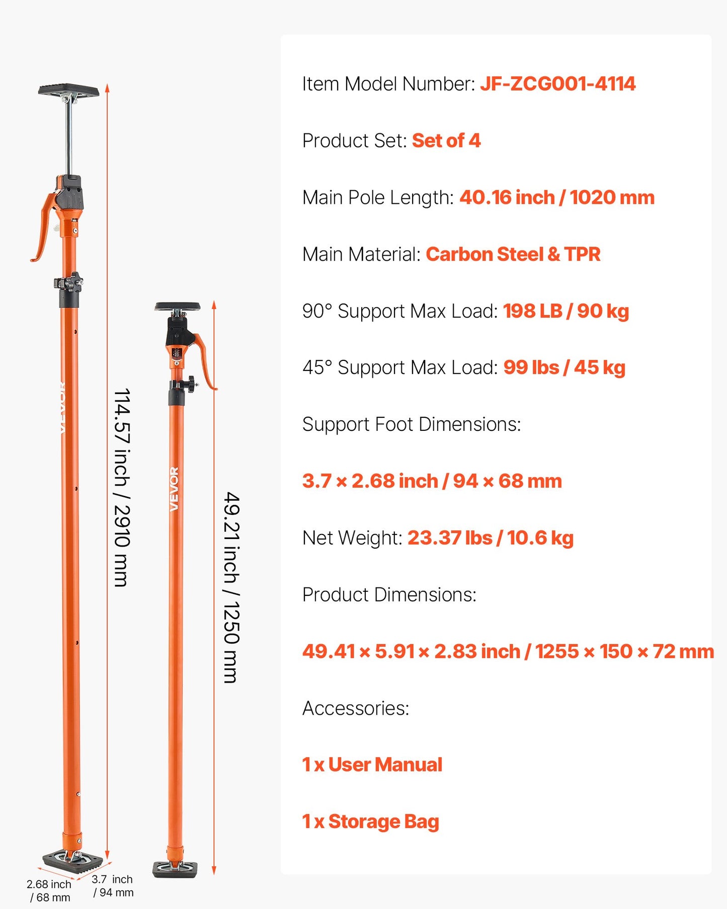 Cabinet Jack Support Pole, 4-Pack, 125-291 cm Steel Telescopic Quick Support Rod, Adjustable 3rd Hand System up to 90 kg Capacity for Installing Cabinets, Lifting Drywall, Cargo Bars