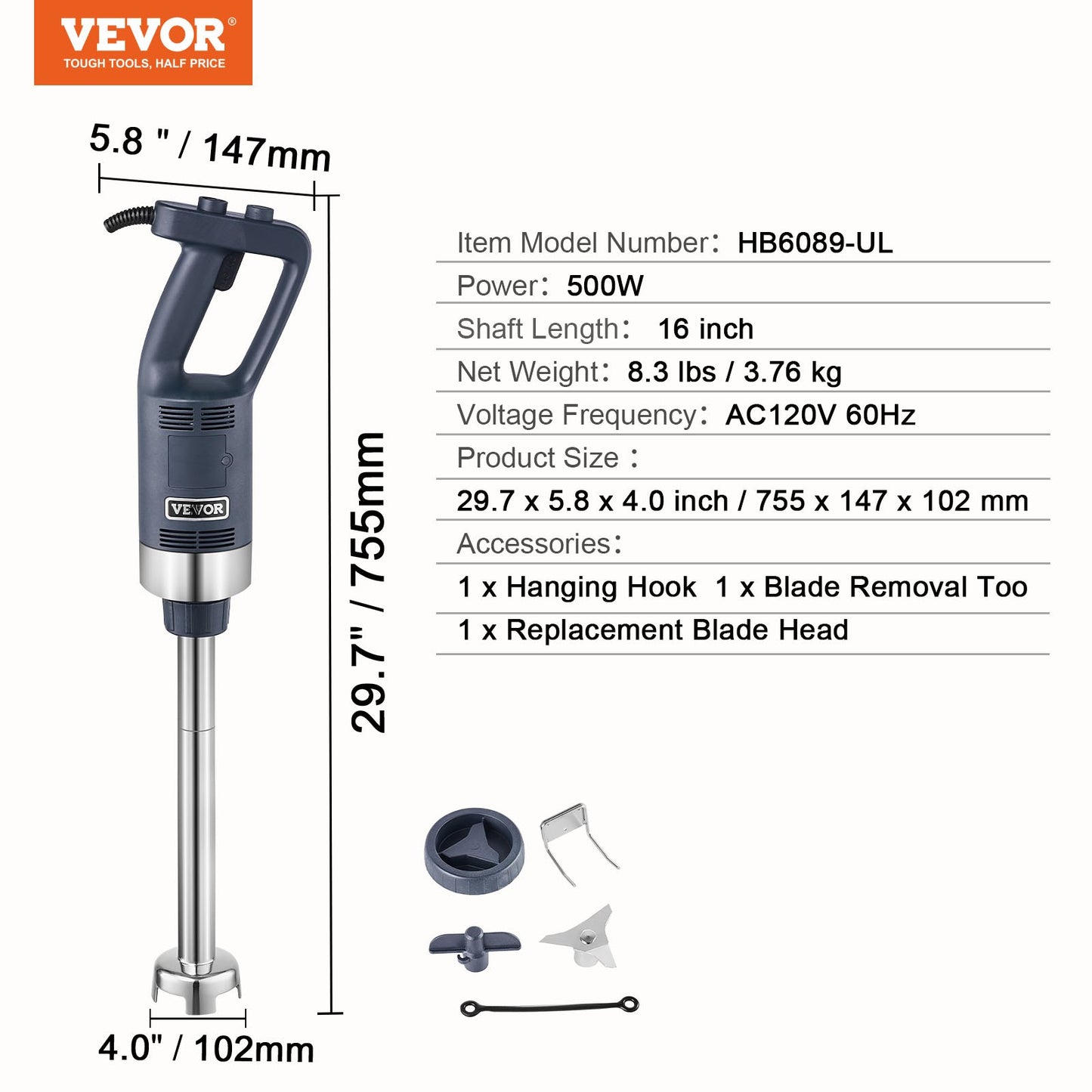 Kommersiell stavmixer, 500W kraftig handmixer, 16 tums steglös variabel hastighetsmixer med rostfritt stålblad, bärbar multifunktionell mixer för soppa, såser, potatismos, grädde