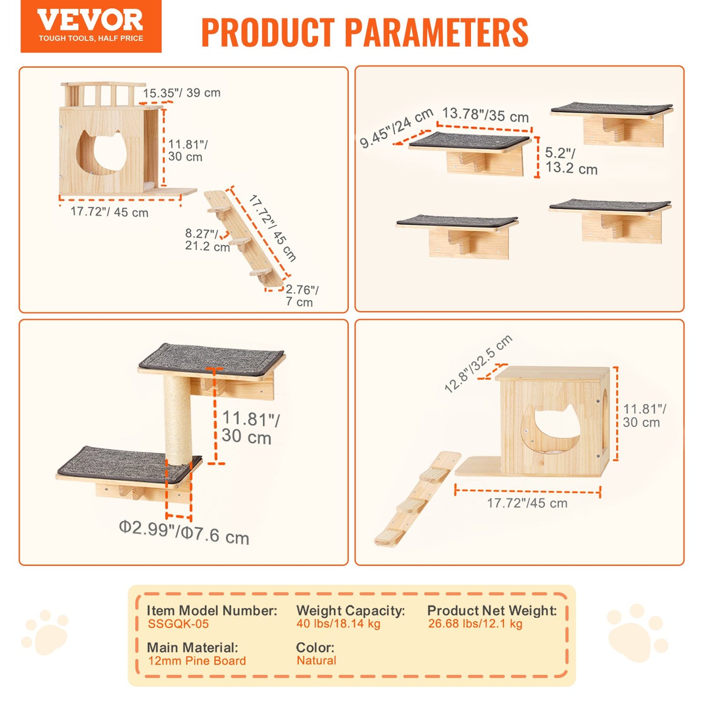 Wall Mounted Cat Shelves, Cat Wall Shelves and Perches with Jumping Boards, Cat Beds, Hammocks & Cat Tree, Cat Furniture and Shelves up to 40 lbs for Sleeping, Playing, Climbing, Set of 9