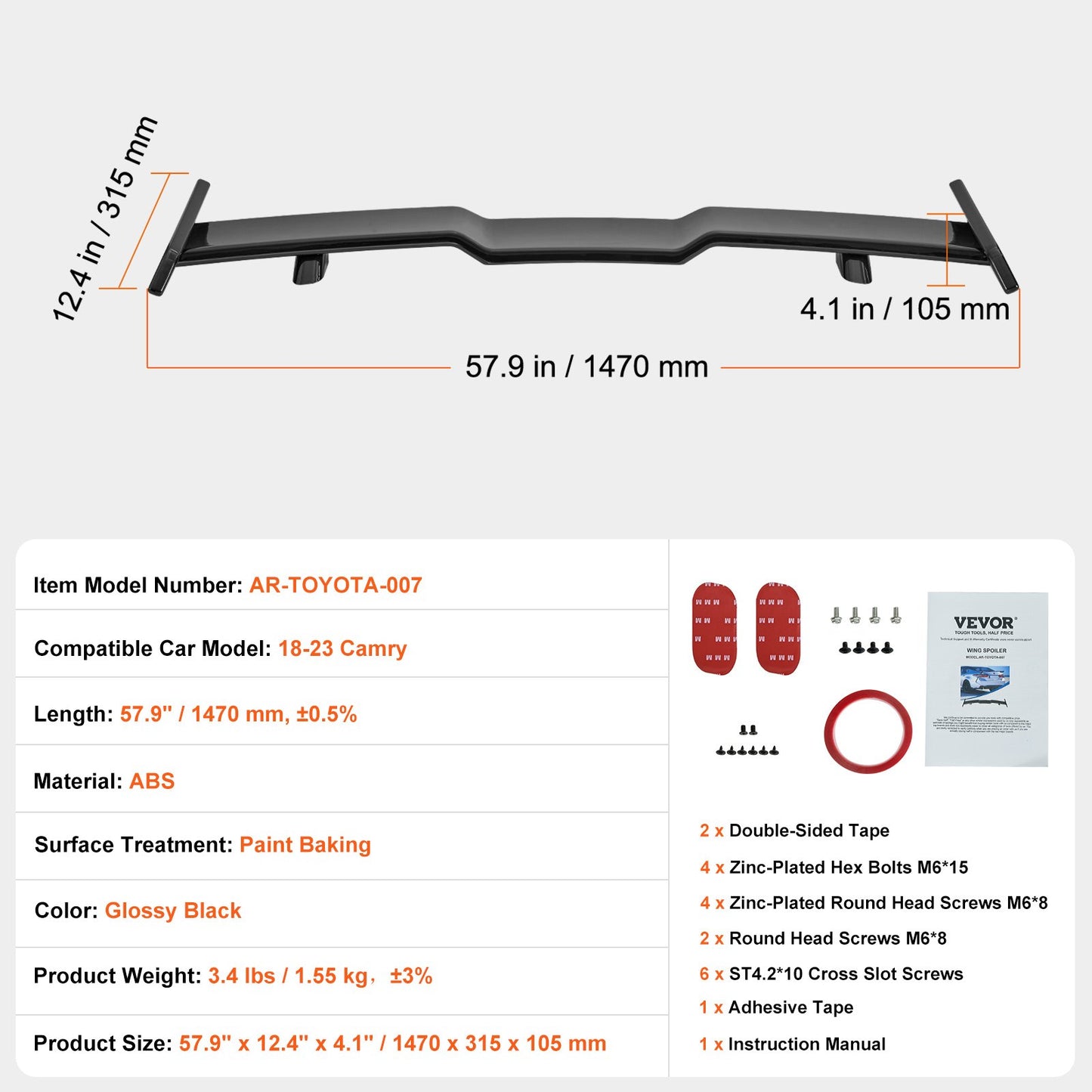 GT Wing bilspoiler, 57,9 tums spoiler, kompatibel med Camry 2018-2023, höghållfast ABS-material, bakfärg, bakspoilervinge för bilar, racingspoilers för bilar, glansig svart