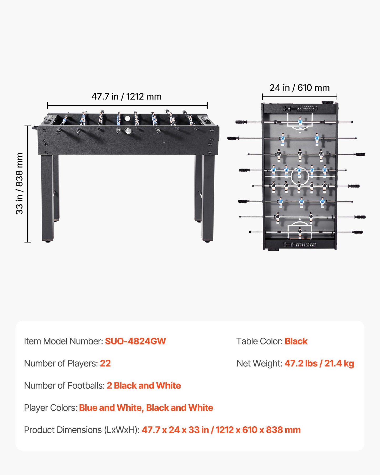 Fotbollsbord, 121 cm standardstorlek, inomhusfotbollsbord i full storlek för hemmet, familjen och spelrummet, hållbart fotbollsset, inkluderar 2 bollar, poänghållare och 2 mugghållare