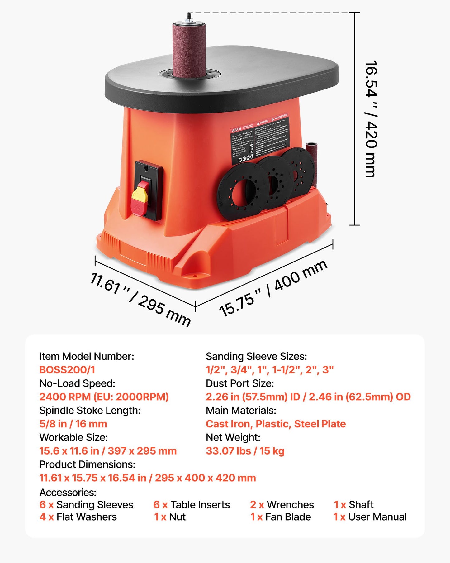 Oscillerande spindelslip, 2000 varv/min bänkspindelslip med 6 hylsor (12,7–76,2 mm), 16 mm slaglängd och 397 x 295 mm gjutjärnsbord för möbelfinish, hantverksslipning, gör-det-själv-träbearbetning