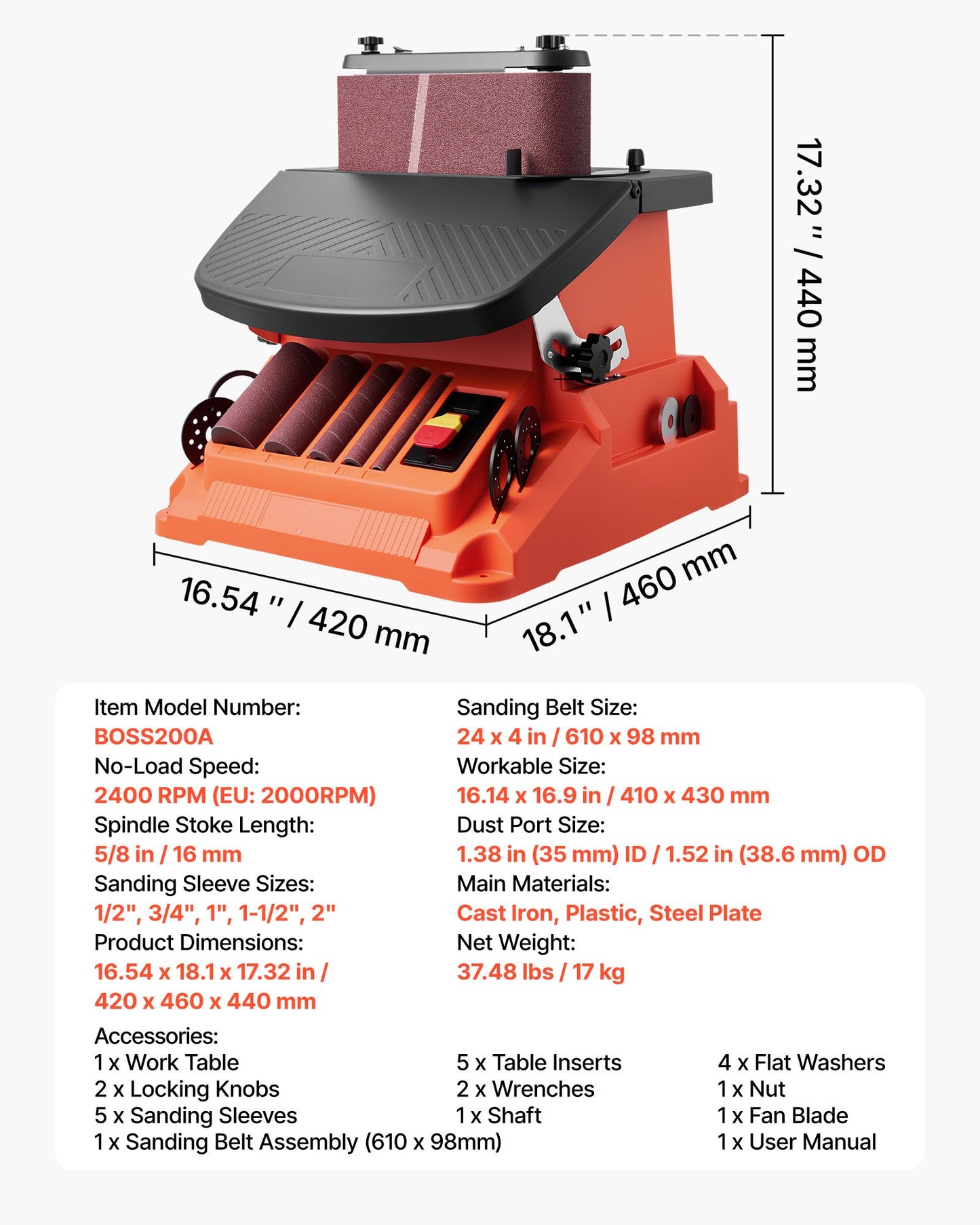 Oscillerande band- och spindelslip, 2000 varv/min bänkspindelslip med 16 mm slaglängd, 5 hylsor (12,7–50,8 mm) och 610 x 98 mm slipband för träbearbetning, möbelslipning, gör-det-själv-projekt