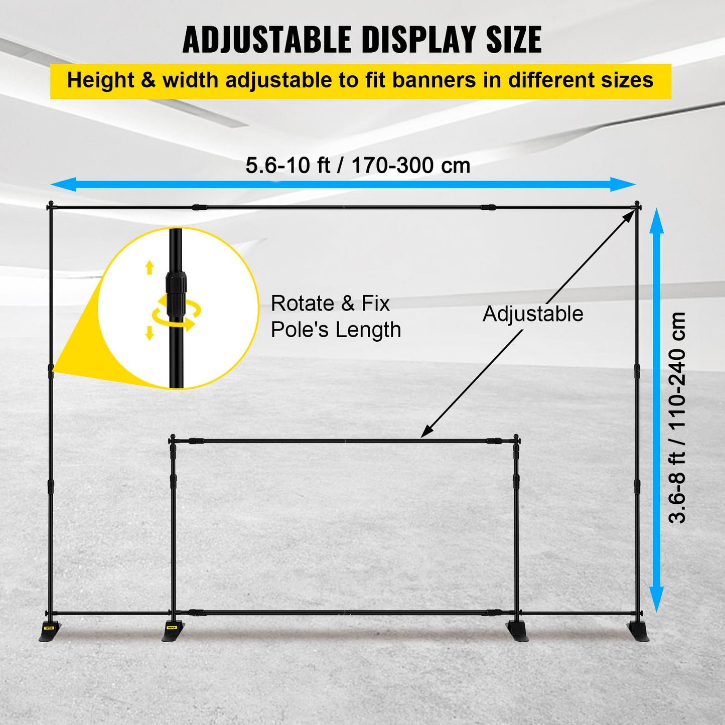 Step and Repeat 243.8 x 243.8 cm - 304.8 x 243.8 cm Backdrop Banner Stand Adjustable Telescopic Height and Width Retractable Banner Stand with Carrying Bag