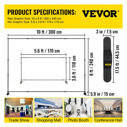 Step and Repeat 243.8 x 243.8 cm - 304.8 x 243.8 cm Backdrop Banner Stand Adjustable Telescopic Height and Width Retractable Banner Stand with Carrying Bag