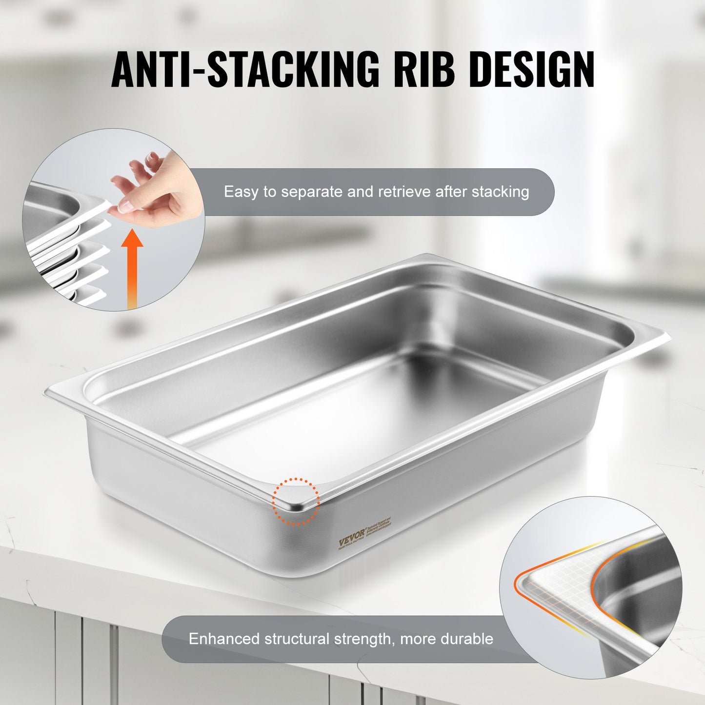 Hotellpanna, fullstor ångpanna med anti-jam-funktion, 0,8 mm tjock ångpanna i rostfritt stål för restaurang, 4 tum djup kommersiell bordspanna, förvaringspanna för catering, för industri och vetenskap