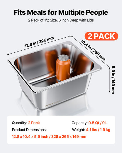 Stainless Steam Hotel Pans with Lids, 1/2 Size x 148mm Deep, 9 L Table Steam Pans, Anti Jam Restaurant Supplies Reusable Catering Storage for Home, Party, Restaurant, Hotel, Buffet, 2 Pack
