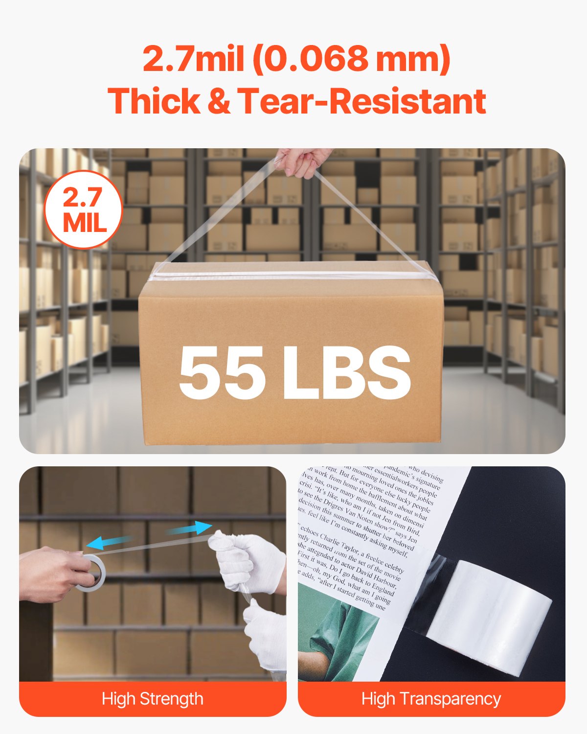 Genomskinlig packtejp, 3,8 cm kärna, 6 rullar 5,8 cm x 7,25 meter packtejp med dispenser, 2,7 mm kraftig packtejp utformad för flytt, förvaring och packning, frakt och utskick